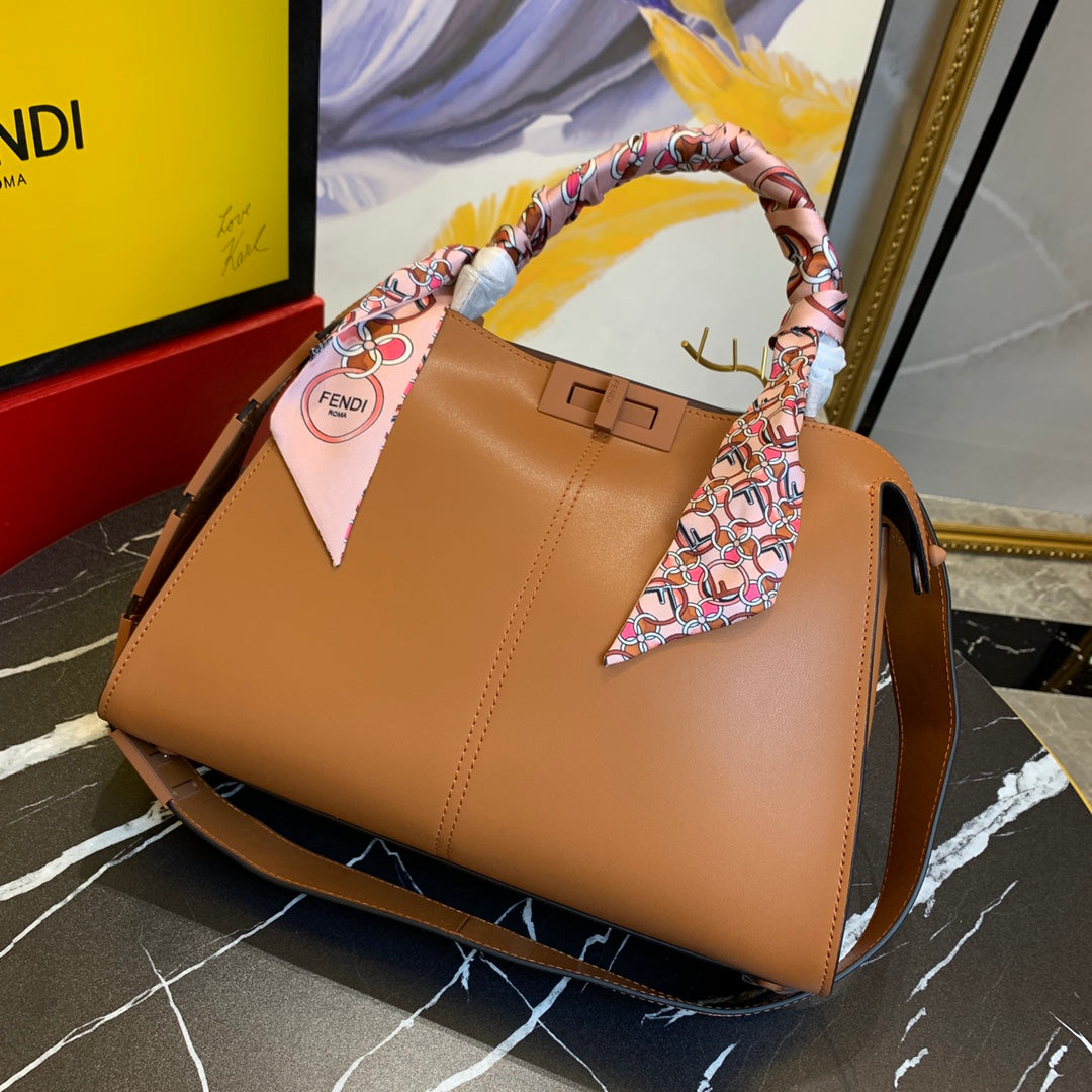Fendi Peekaboo Brown Leather Handbag with Scarf-Wrapped Handle and Logo Strap