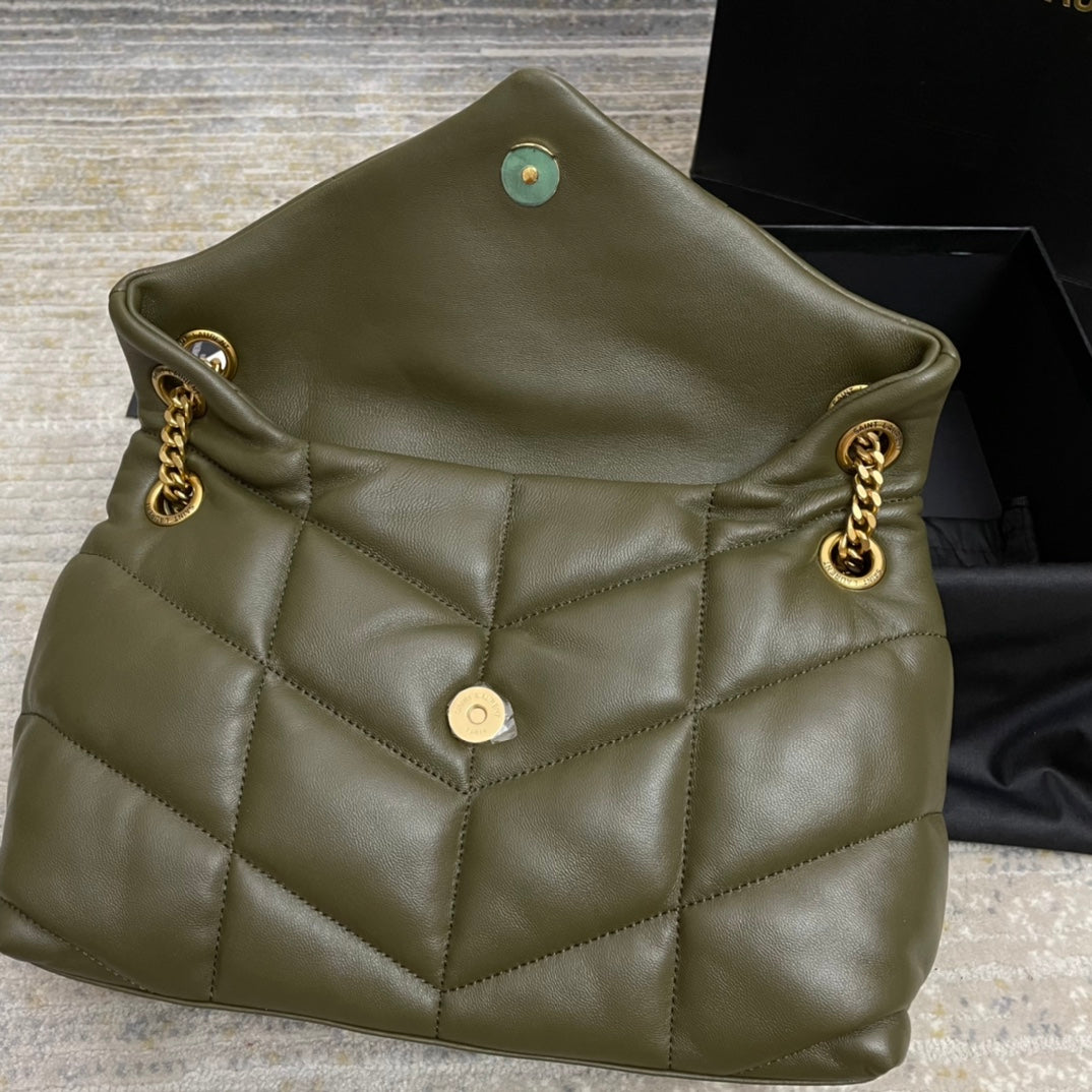 Saint Laurent Loulou Puffer Small Shoulder Bag in Olive Green Quilted Leather