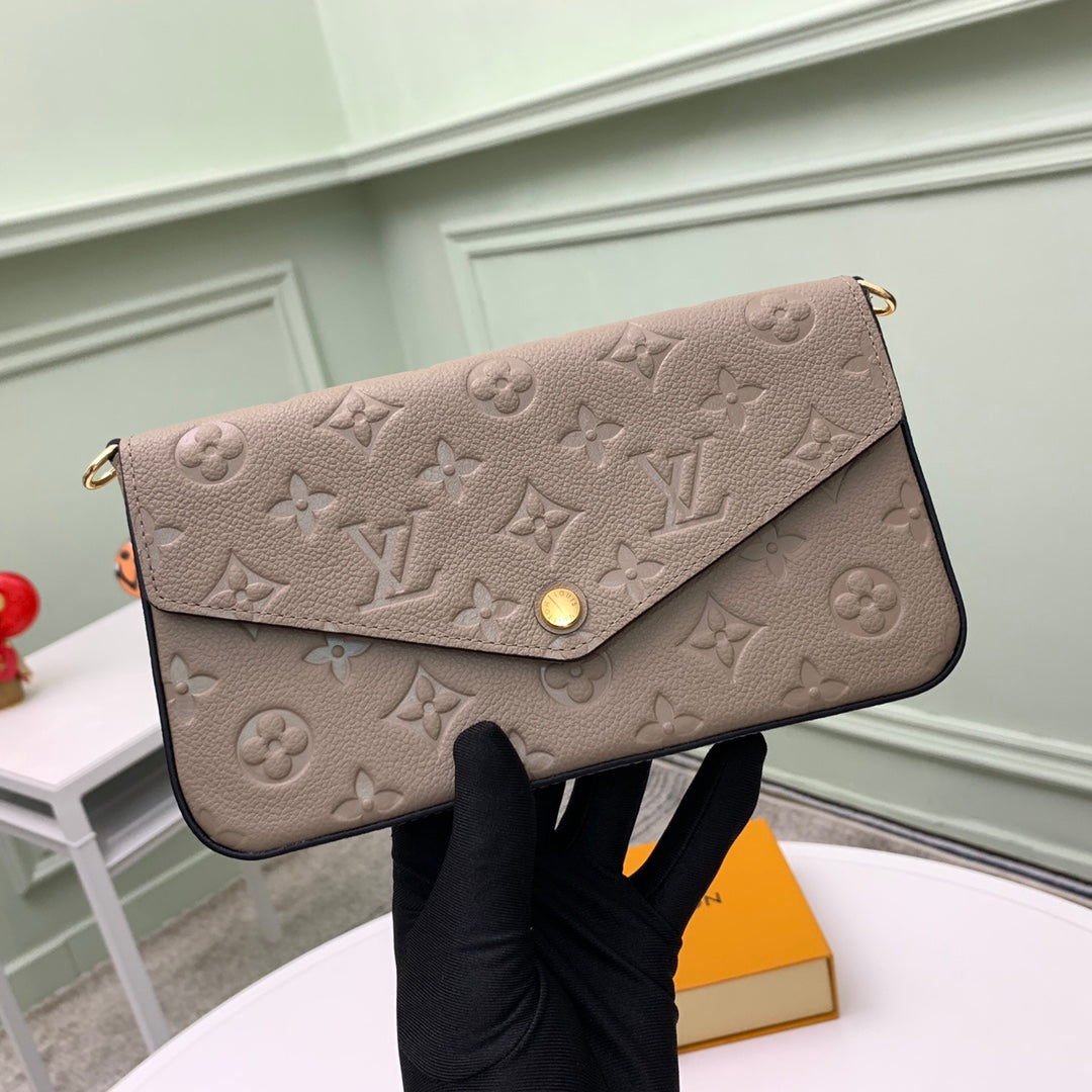 Louis Vuitton Taupe Embossed Leather Crossbody Envelope Bag with Gold Chain Strap