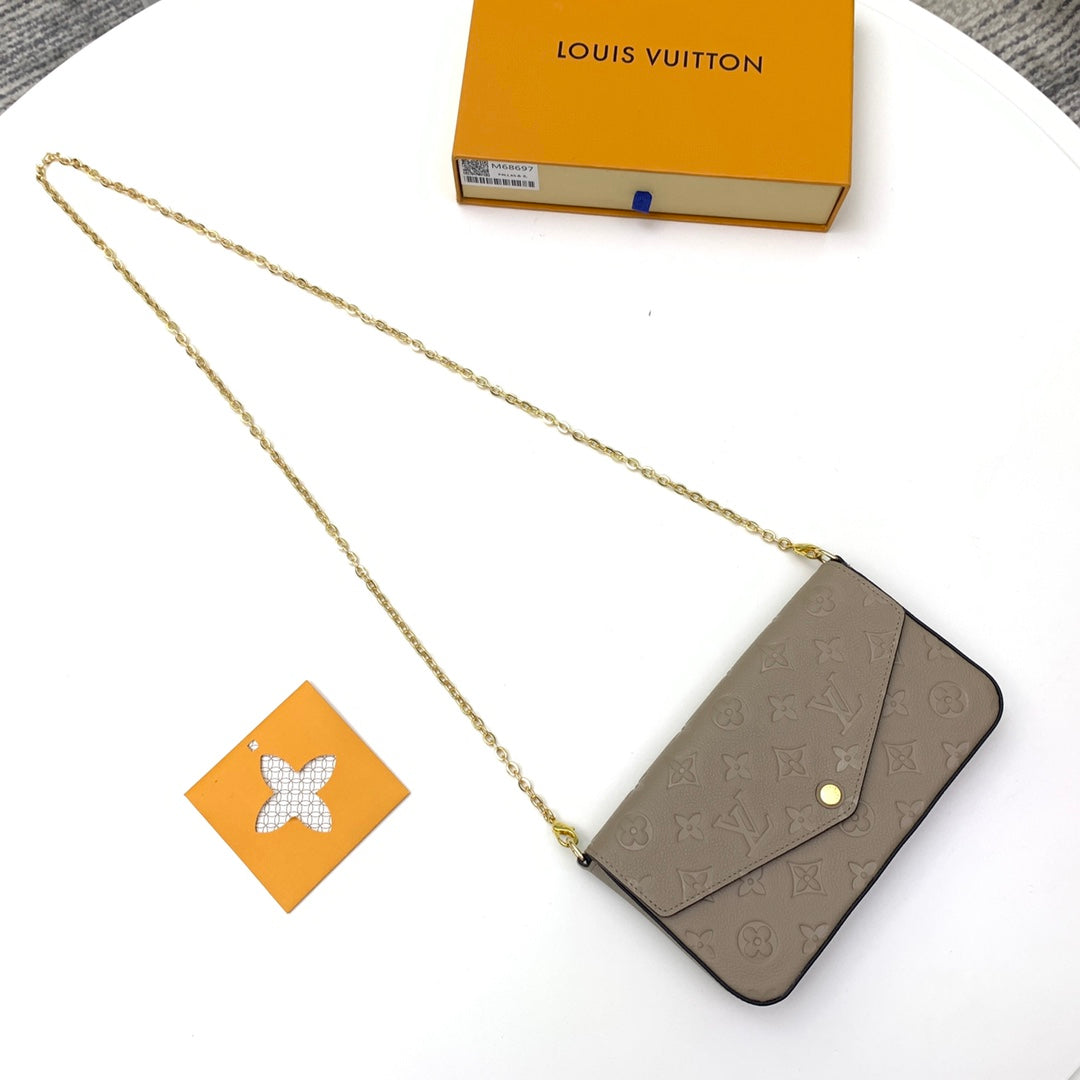Louis Vuitton Taupe Embossed Leather Crossbody Envelope Bag with Gold Chain Strap