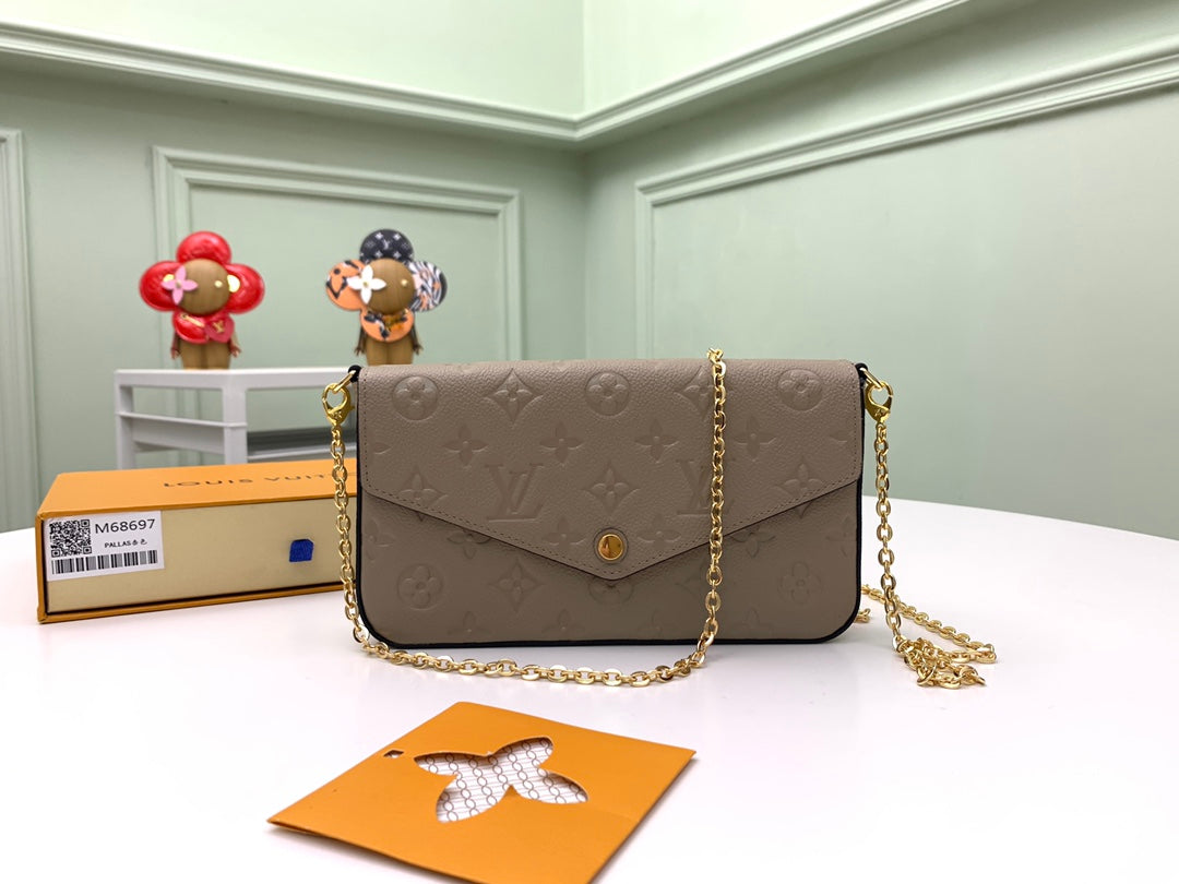 Louis Vuitton Taupe Embossed Leather Crossbody Envelope Bag with Gold Chain Strap