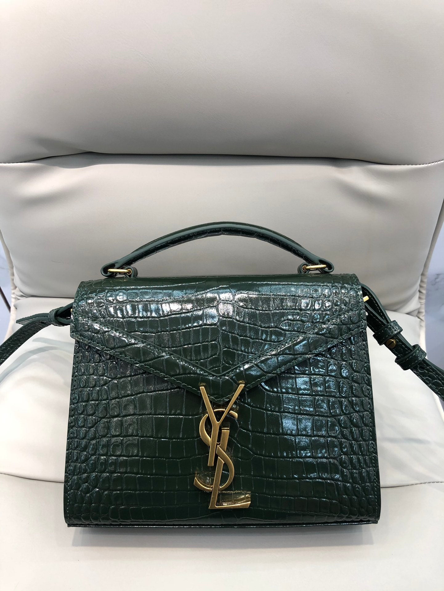 Saint Laurent Cassandra Medium Top Handle Bag in Crocodile-Embossed Leather - Dark Green