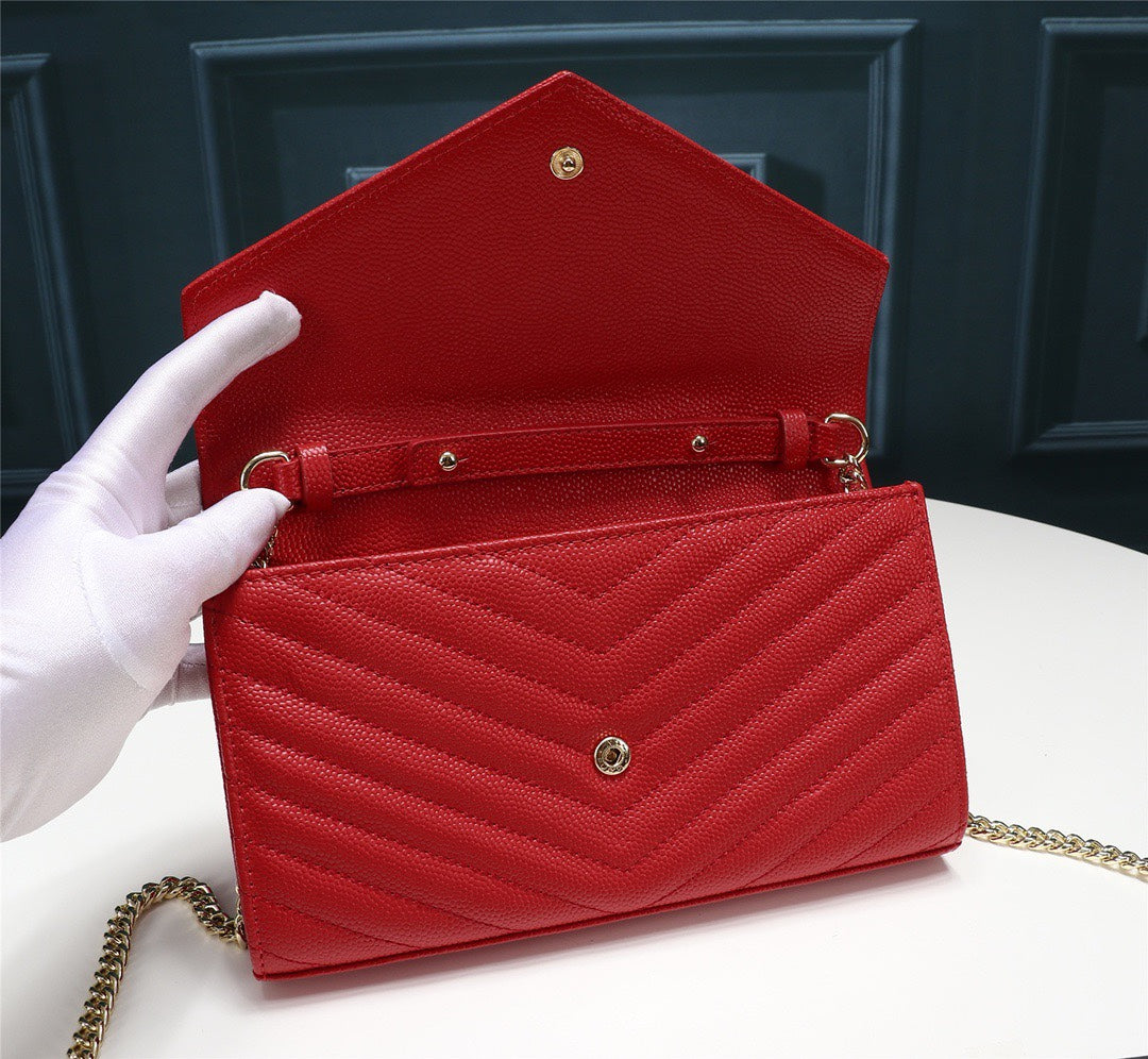 Saint Laurent Monogram Chain Wallet in Red Matelassé Leather