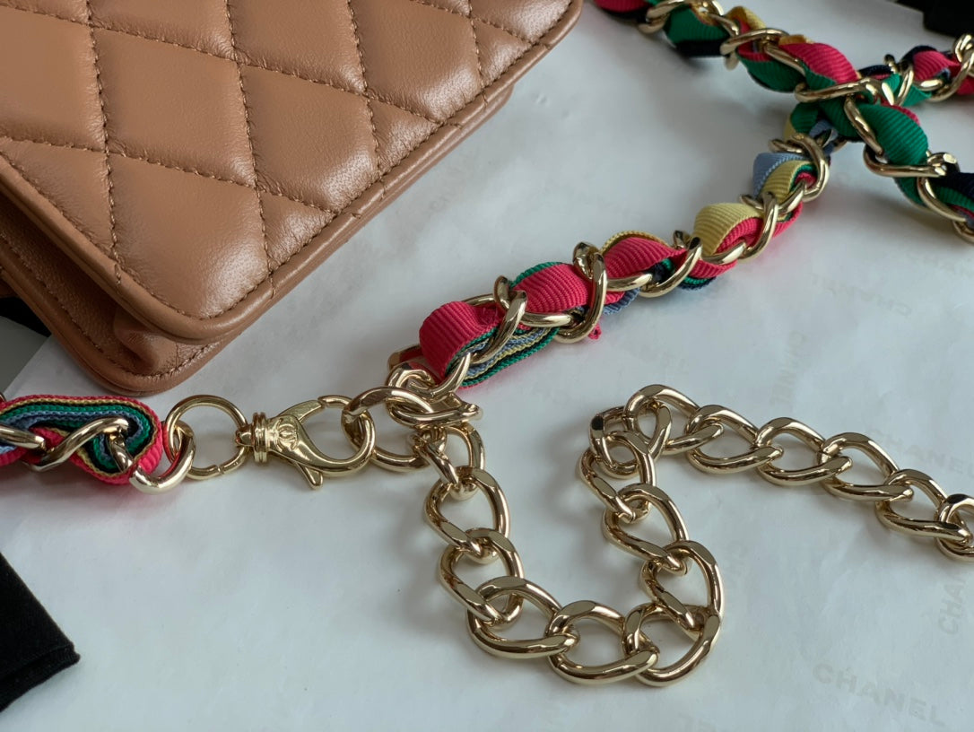 Chanel Tan Quilted Leather Mini Flap Bag with Multicolored Chain Strap