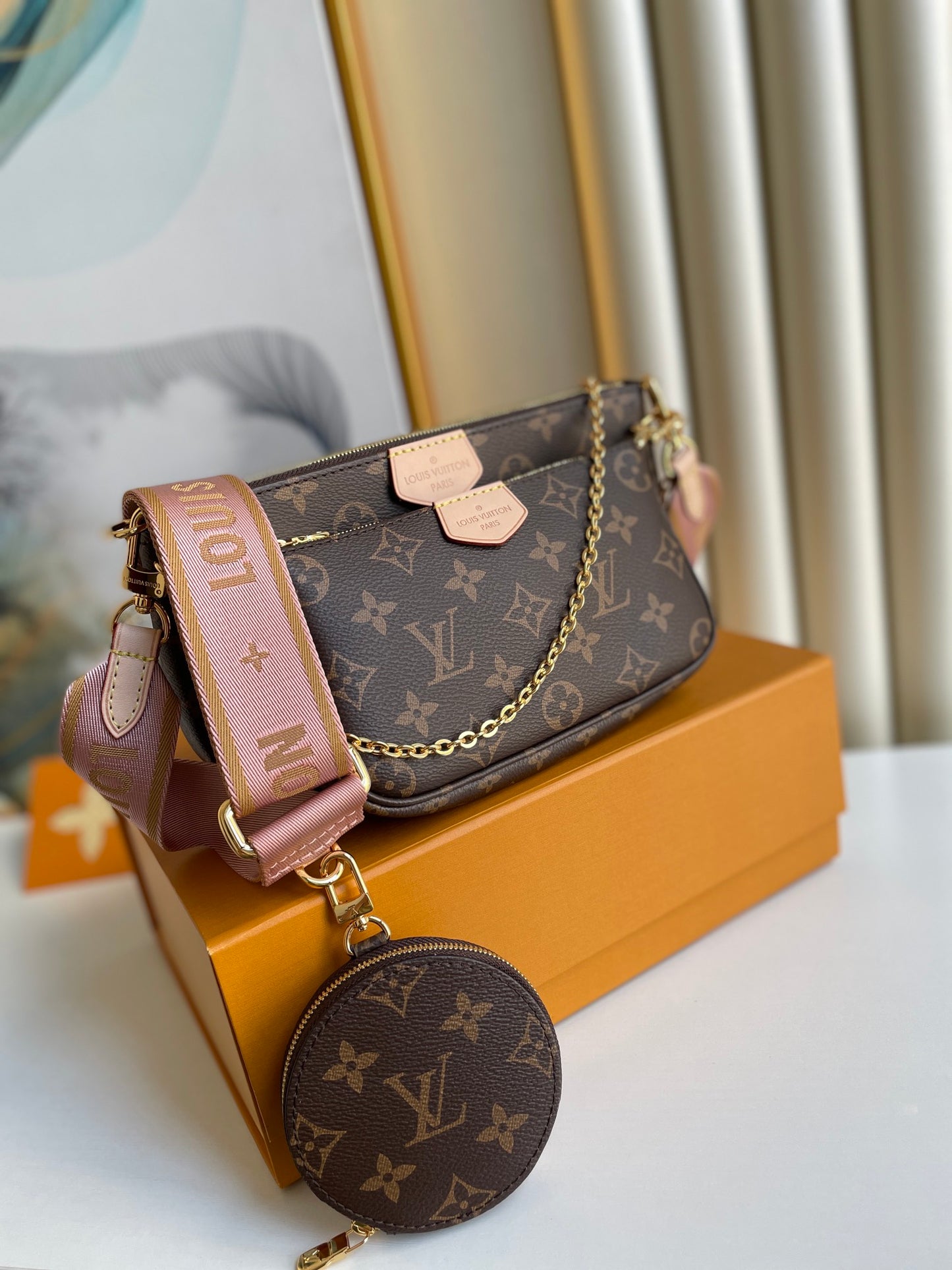 Louis Vuitton Brown Monogram 3-in-1 Crossbody Bag with Pink Strap and Coin Purse