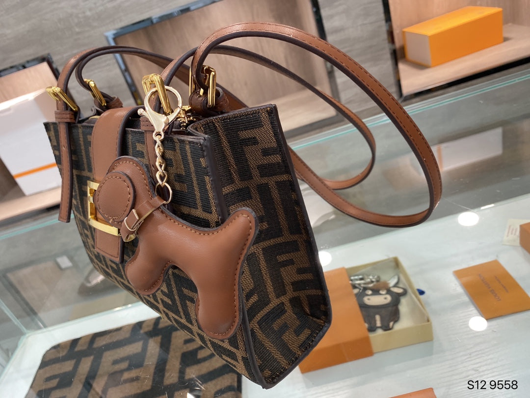 Fendi Brown Zucca Monogram Baguette Handbag with Gold-Tone Hardware