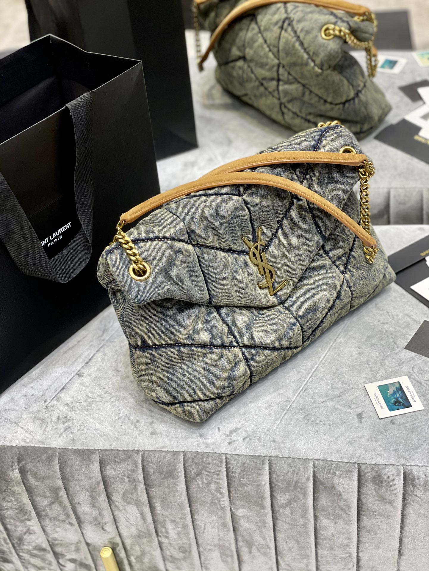 Saint Laurent Puffer Small Bag in Grey Quilted Denim with Gold Hardware