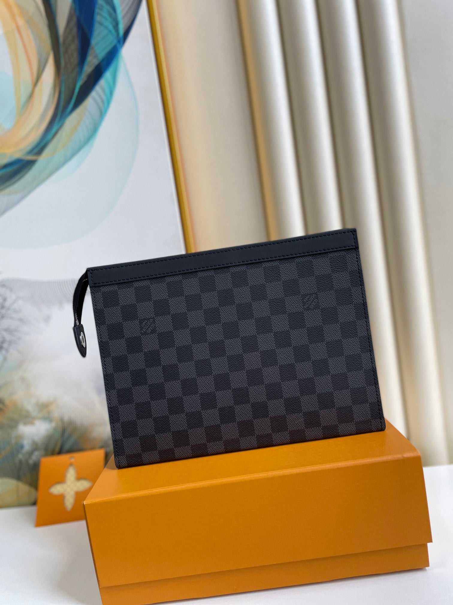 Louis Vuitton Grey and Black Checkered Clutch Pouch Men's Designer Toiletry Bag