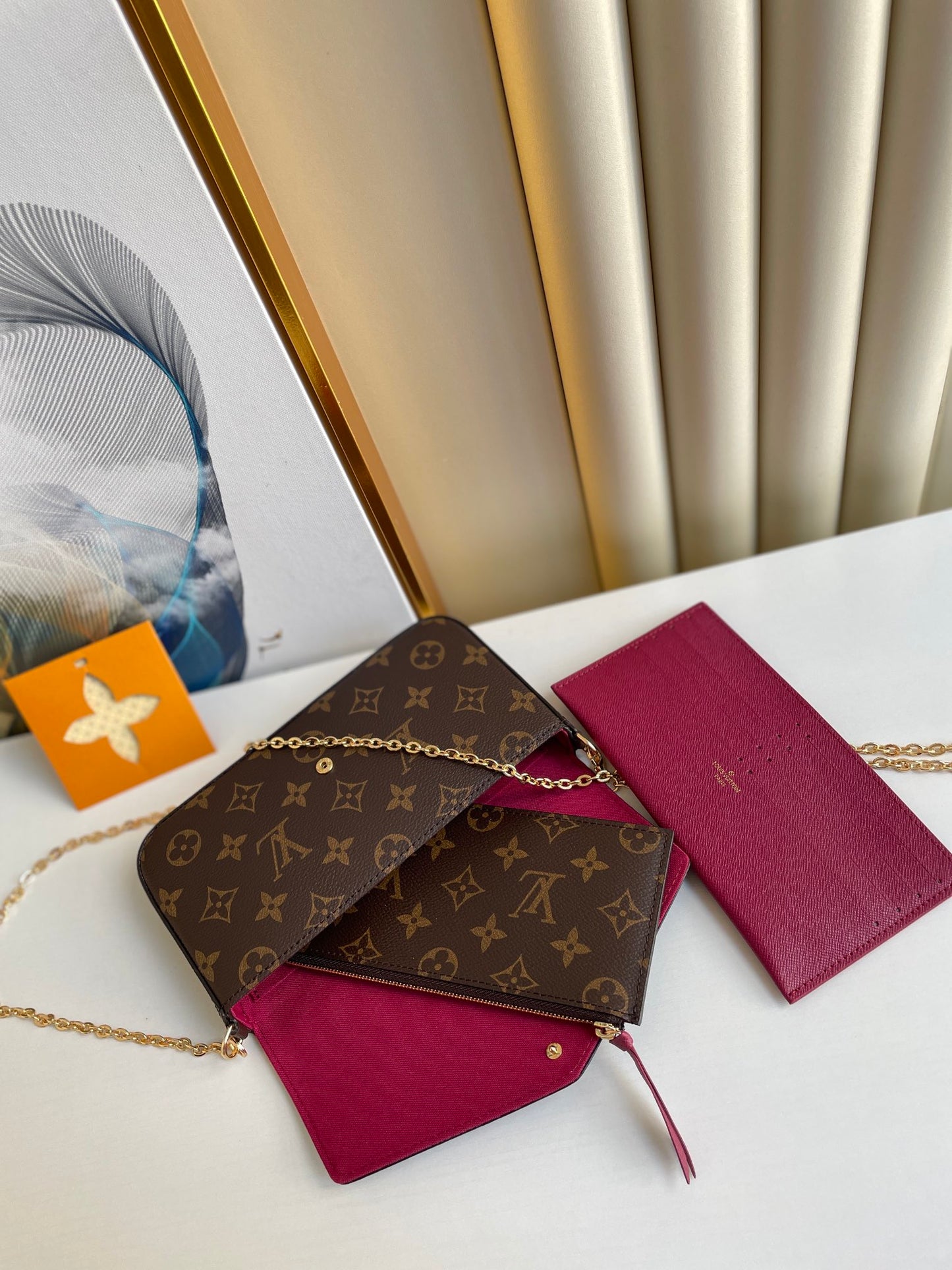 Louis Vuitton Classic Monogram Print Envelope Crossbody Bag with Gold Chain Strap