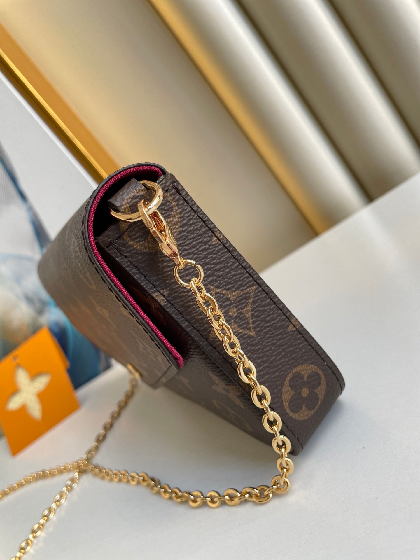 Louis Vuitton Classic Monogram Print Envelope Crossbody Bag with Gold Chain Strap