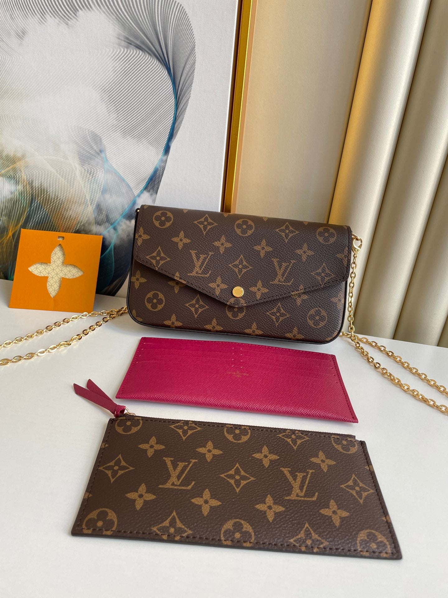 Louis Vuitton Classic Monogram Print Envelope Crossbody Bag with Gold Chain Strap