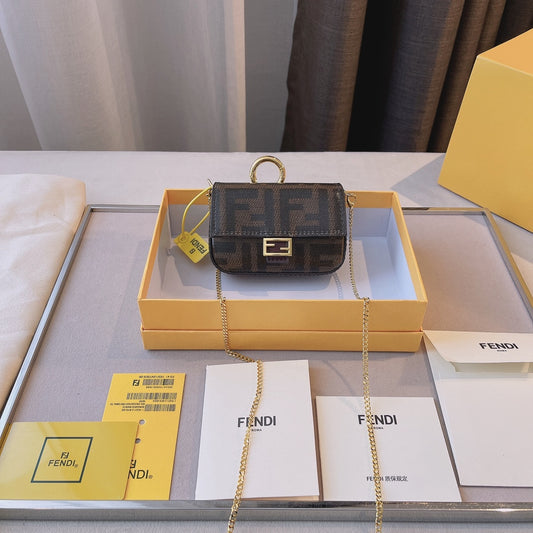 Fendi Nano Baguette Charm in Brown FF Fabric with Gold-Tone Chain