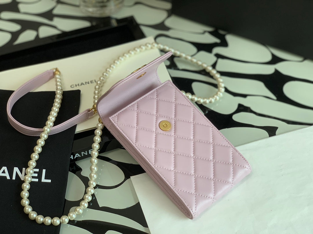 Chanel Quilted Lambskin Phone Holder with Pearl Strap - Light Pink