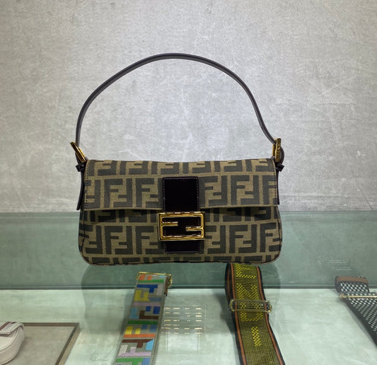 Fendi Baguette Bag with FF Monogram Canvas and Gold-Tone Hardware