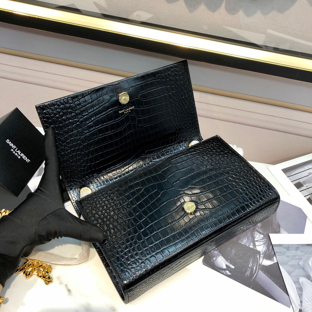 Saint Laurent Kate Tassel Shoulder Bag - Black Croc-Embossed Leather