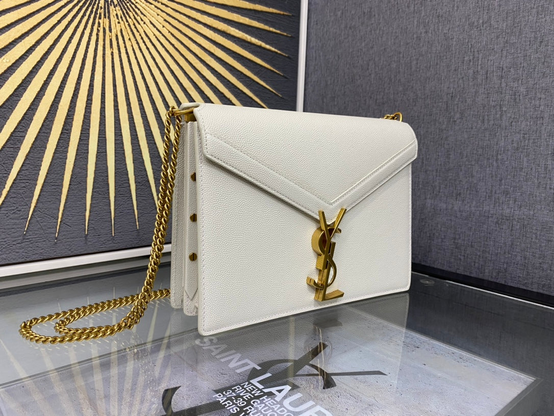 Saint Laurent Cassandra Envelope Shoulder Bag in White Leather with Gold Hardware