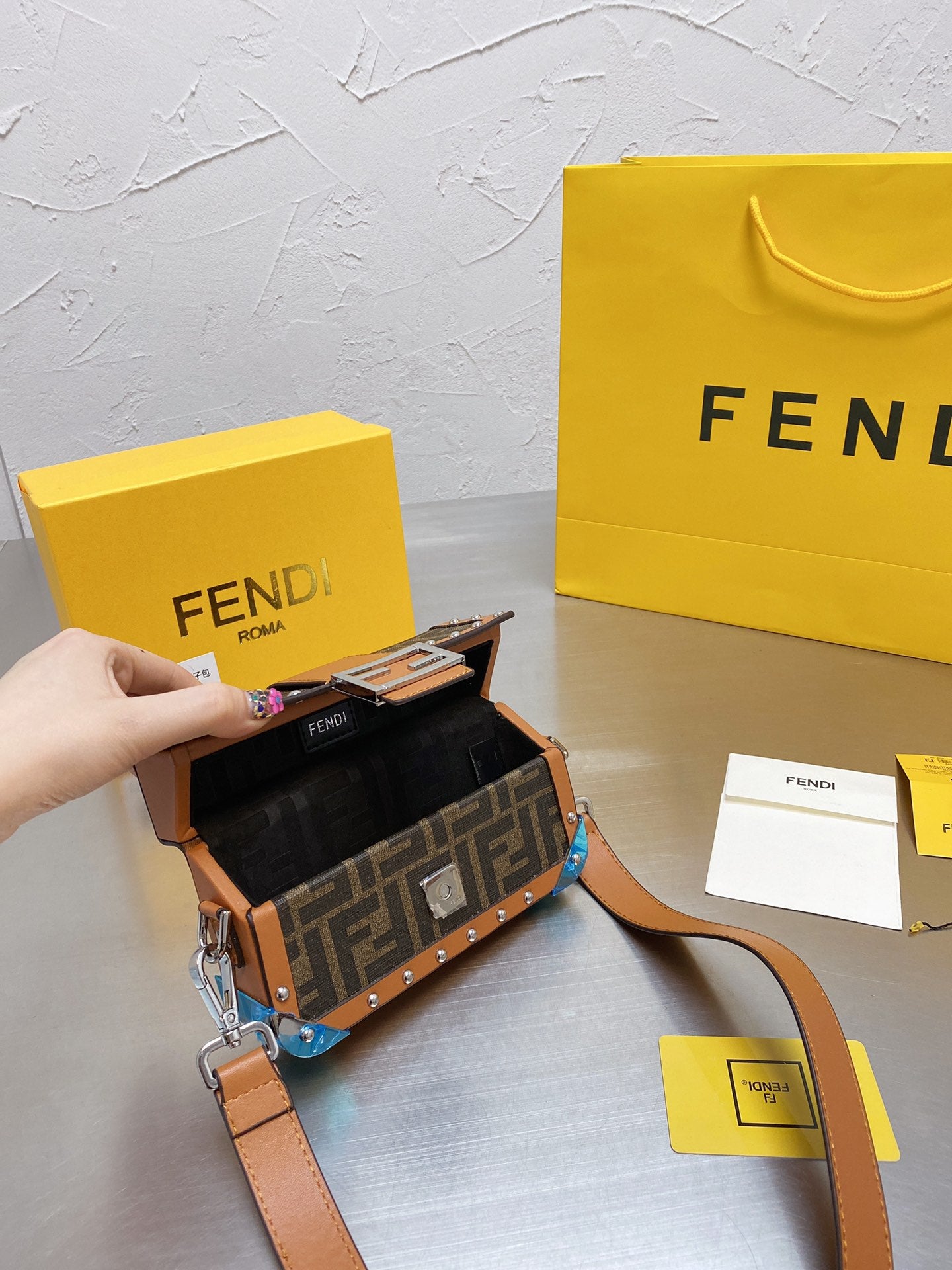 Fendi Baguette Trunk Mini Brown FF Fabric Bag with Studs and Leather Strap