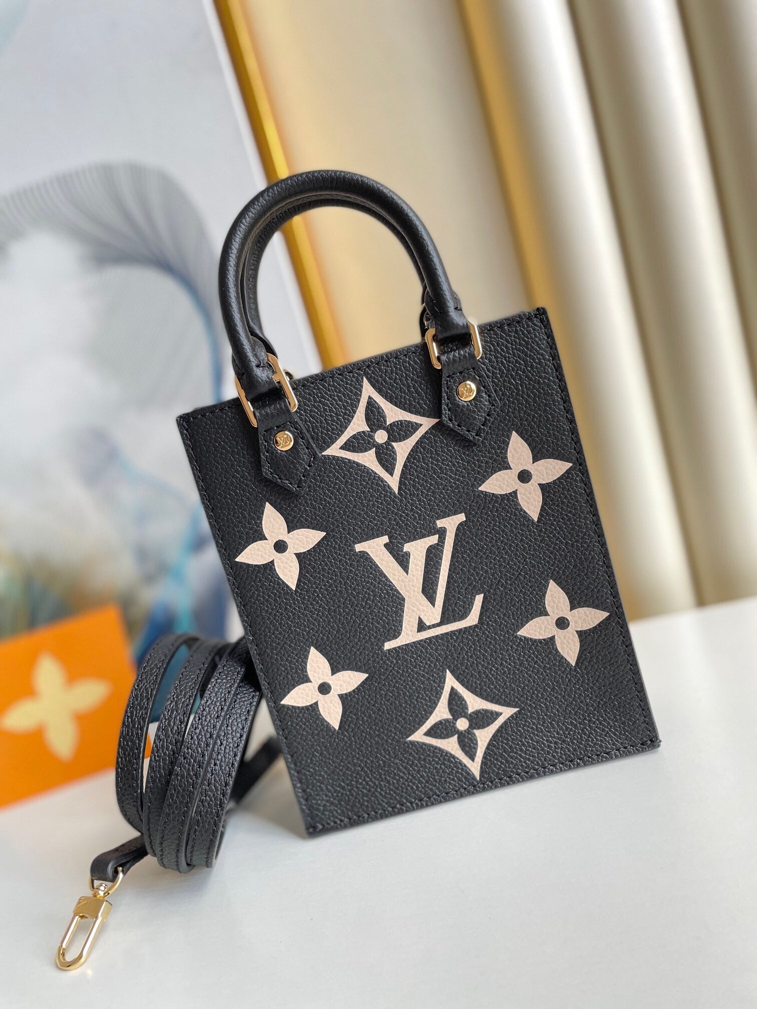 Louis Vuitton Luxury Black Leather Mini Tote Bag with Gold Monogram Flower Embellishments