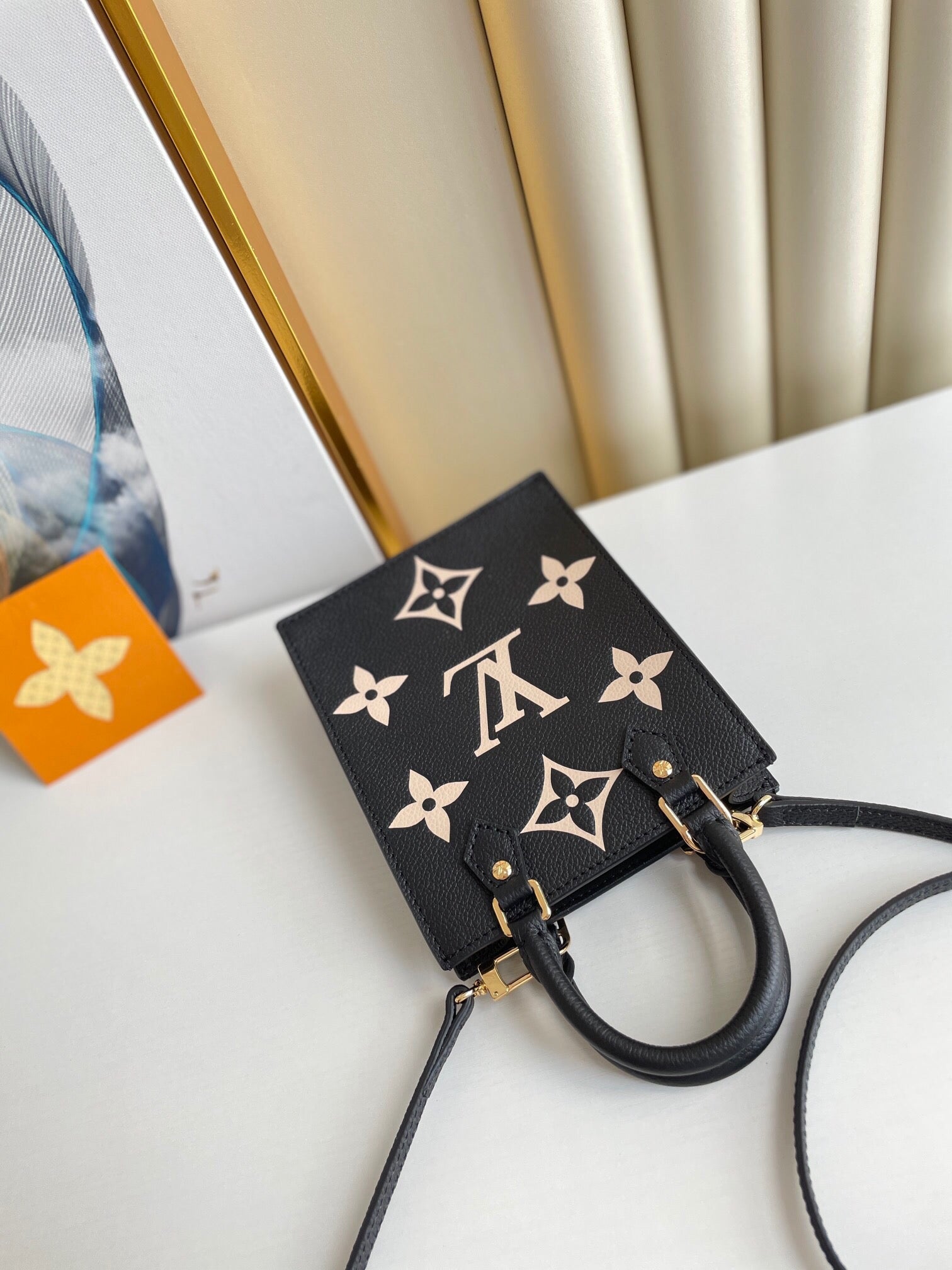 Louis Vuitton Luxury Black Leather Mini Tote Bag with Gold Monogram Flower Embellishments