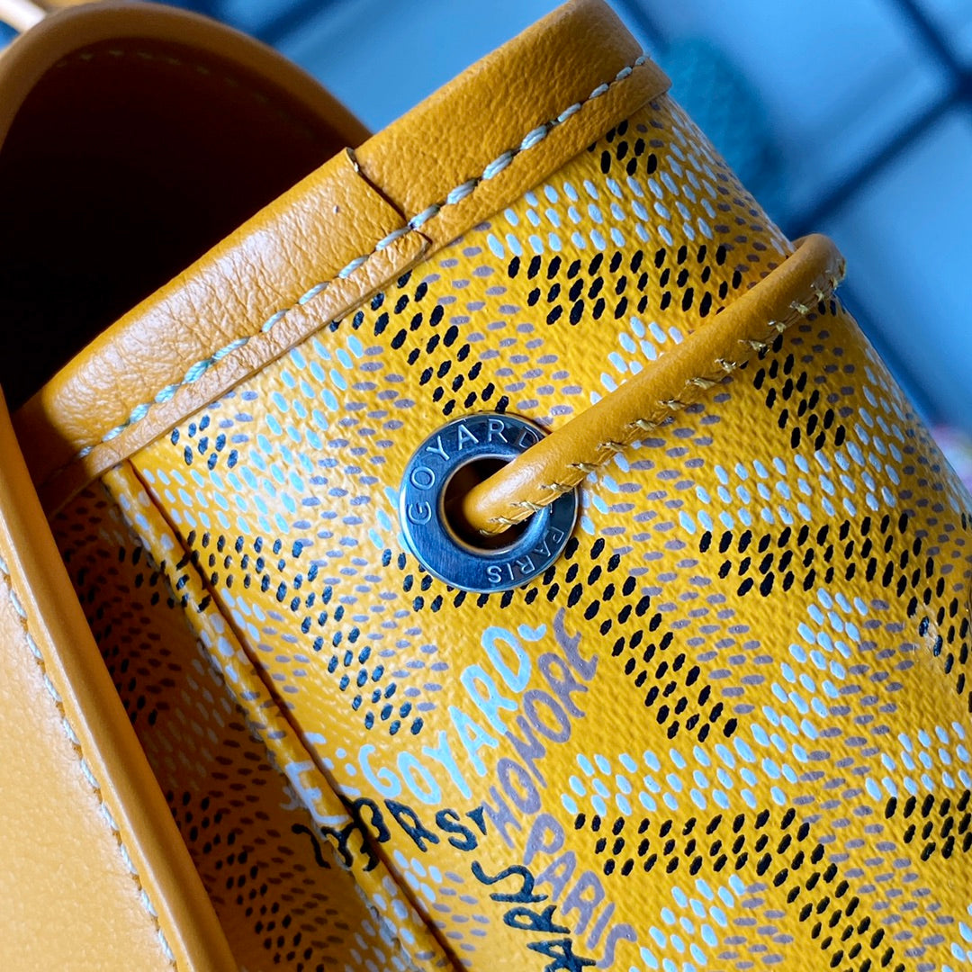 Gogy Yellow Geometric Chevron Print Leather Bucket Bag with Top Handle