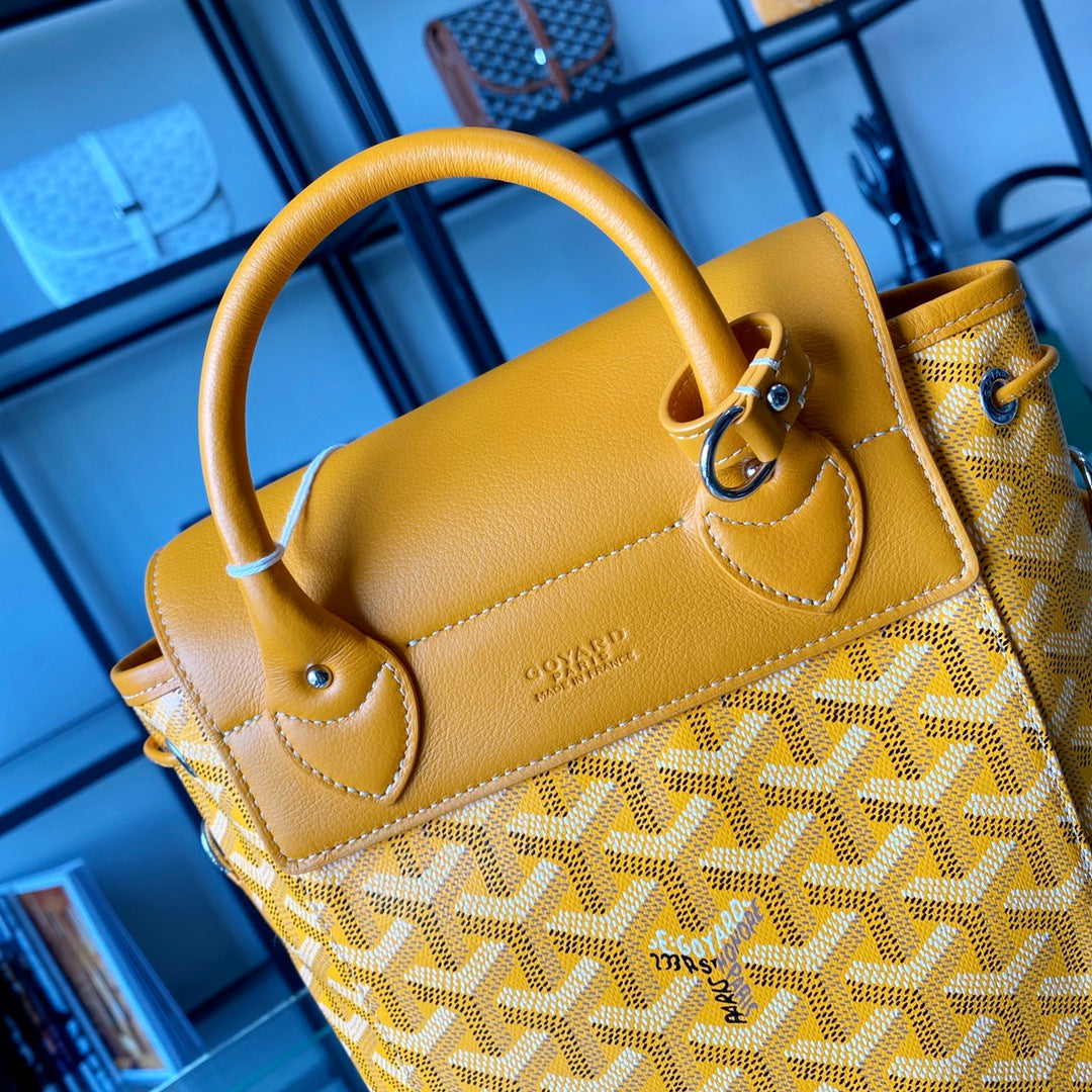 Gogy Yellow Geometric Chevron Print Leather Bucket Bag with Top Handle
