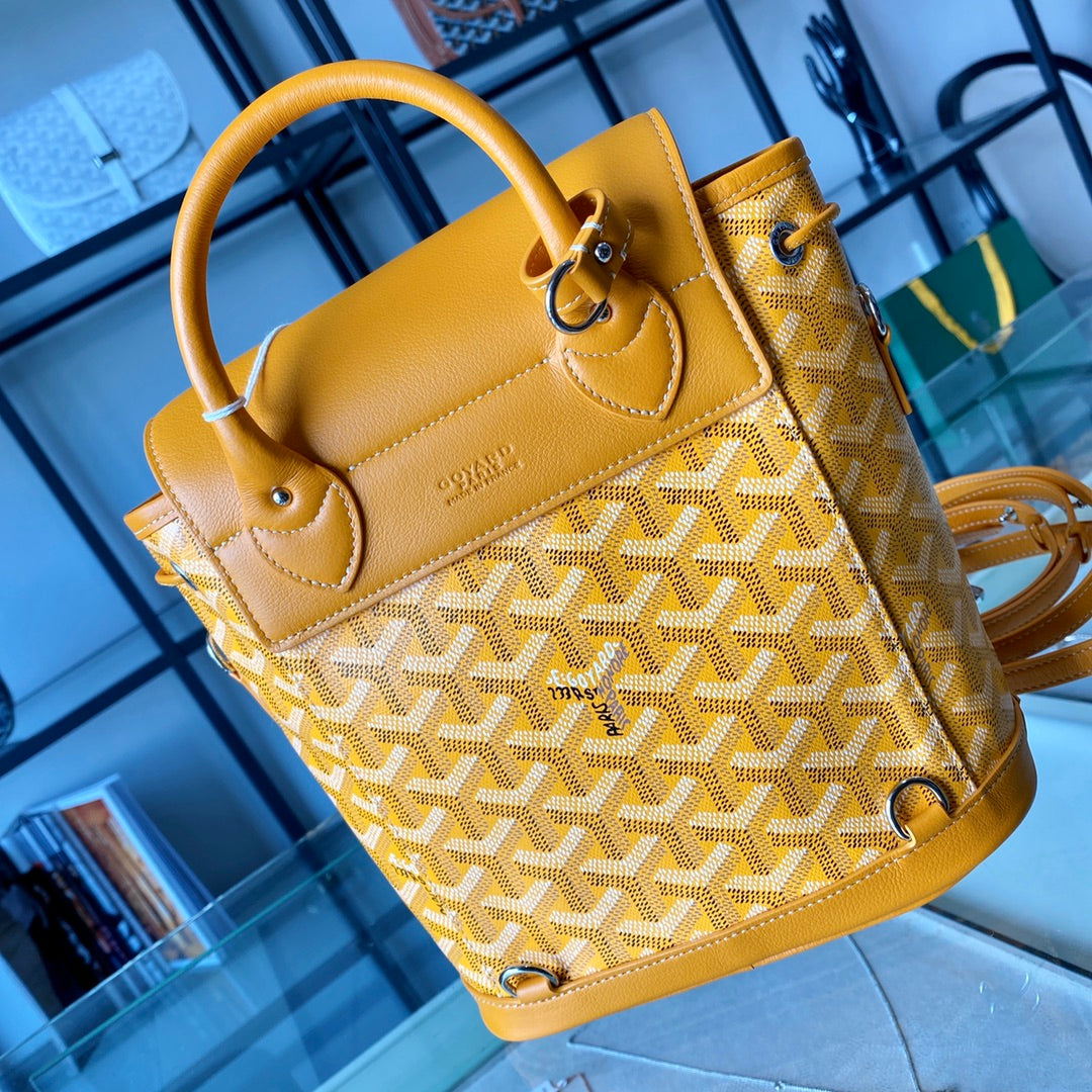 Gogy Yellow Geometric Chevron Print Leather Bucket Bag with Top Handle