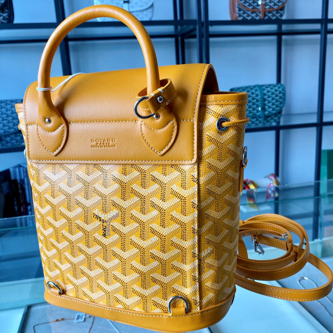 Gogy Yellow Geometric Chevron Print Leather Bucket Bag with Top Handle