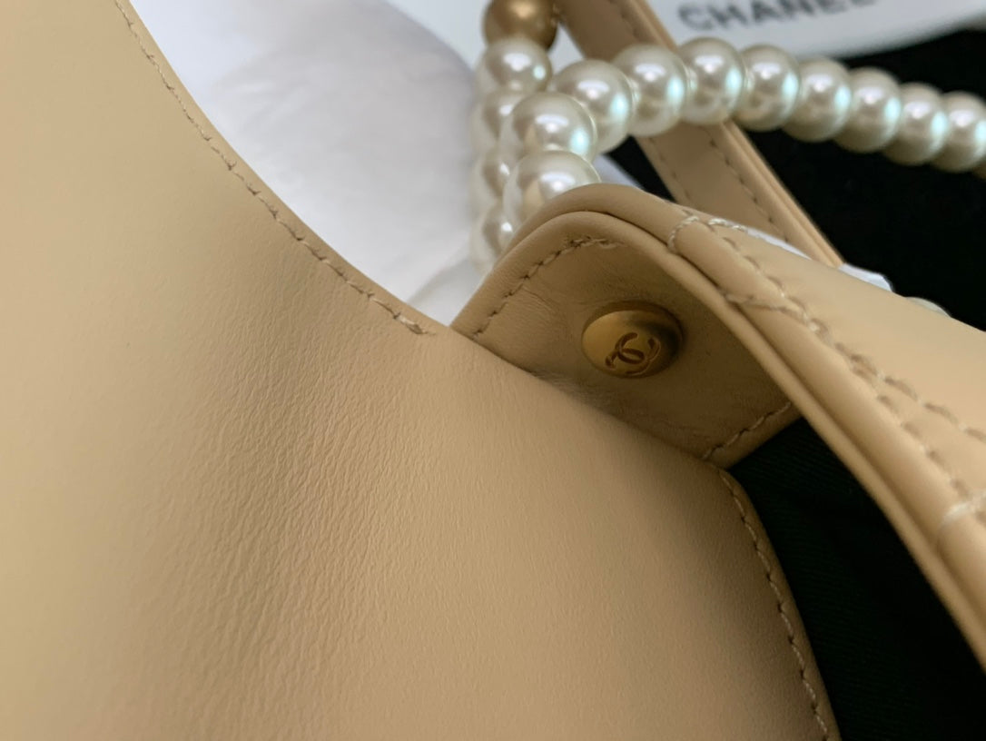 Chanel Beige Quilted Leather Pearl Strap Flap Bag