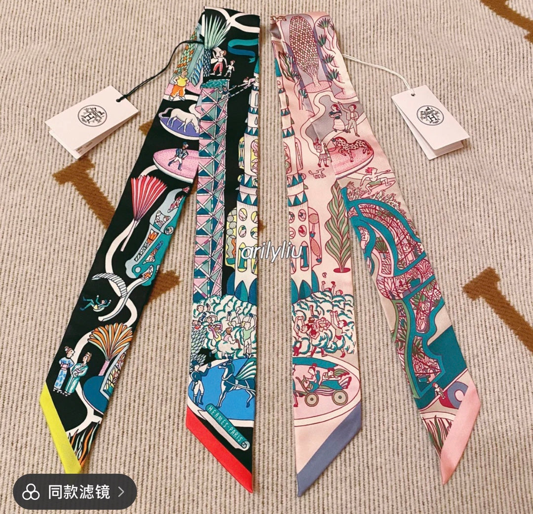 Luxury Silk Twilly Scarf Set, Colorful Graphic Print Ribbon for Handbags