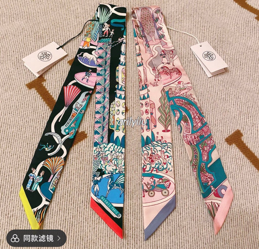 Luxury Silk Twilly Scarf Set, Colorful Graphic Print Ribbon for Handbags