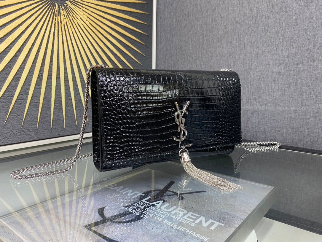 Saint Laurent YSL Kate Tassel Crocodile-Embossed Leather Chain Bag - Black