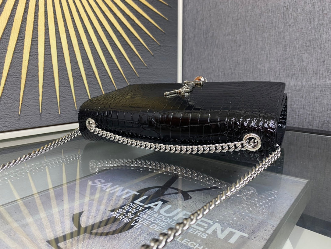 Saint Laurent YSL Kate Tassel Crocodile-Embossed Leather Chain Bag - Black