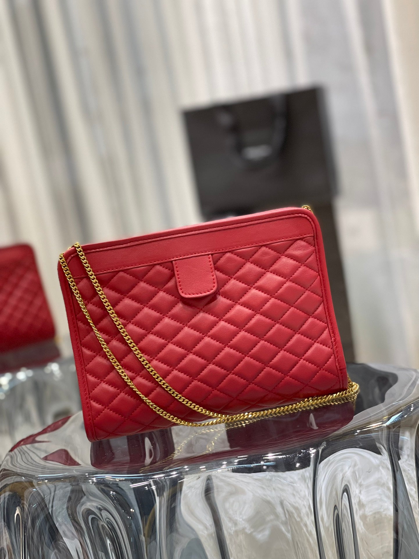 Red Quilted Leather Shoulder Bag with Gold Chain and Logo Detail
