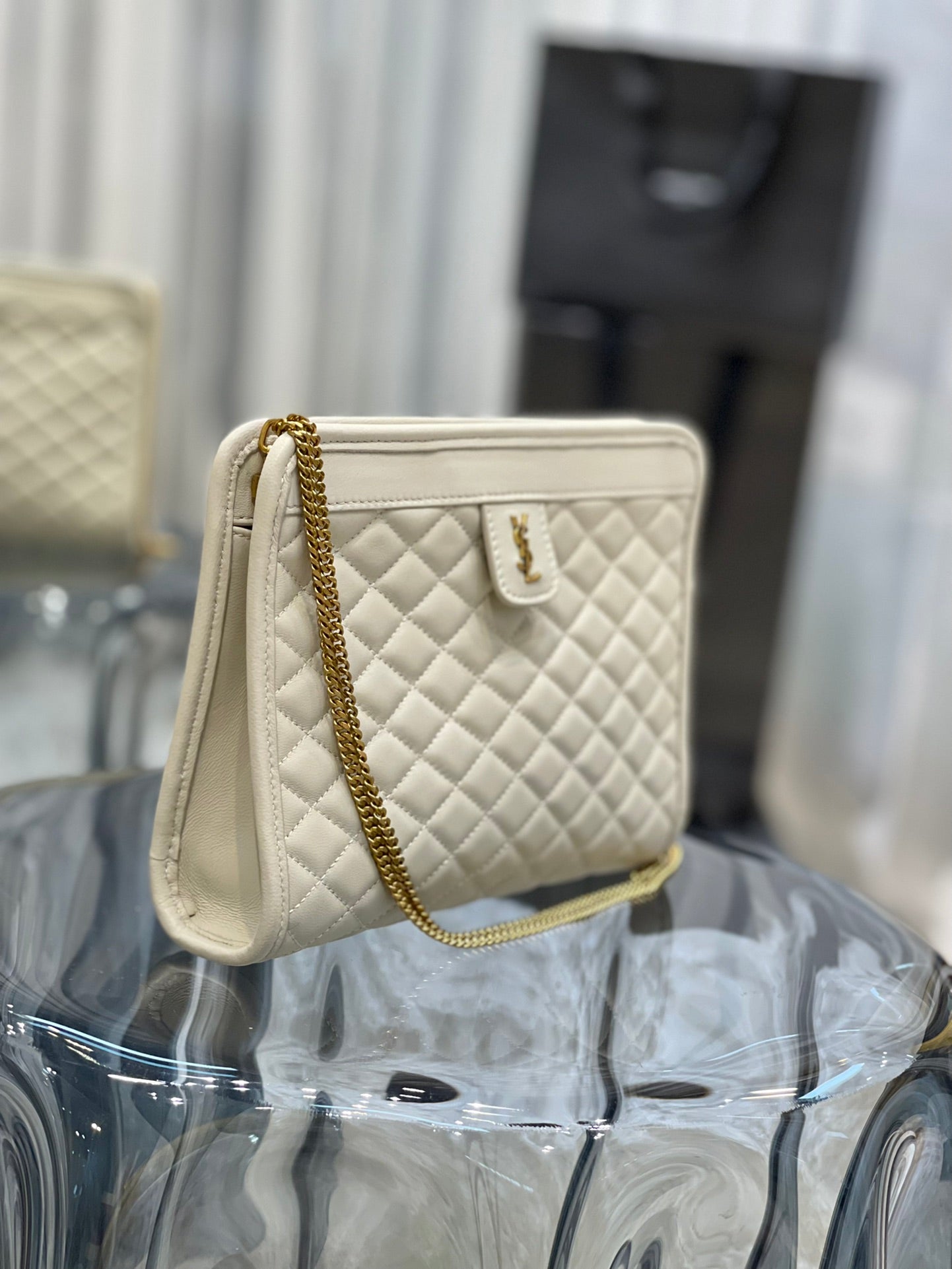Saint Laurent Gaby Quilted Leather Shoulder Bag - Cream Off-White with Gold Hardware