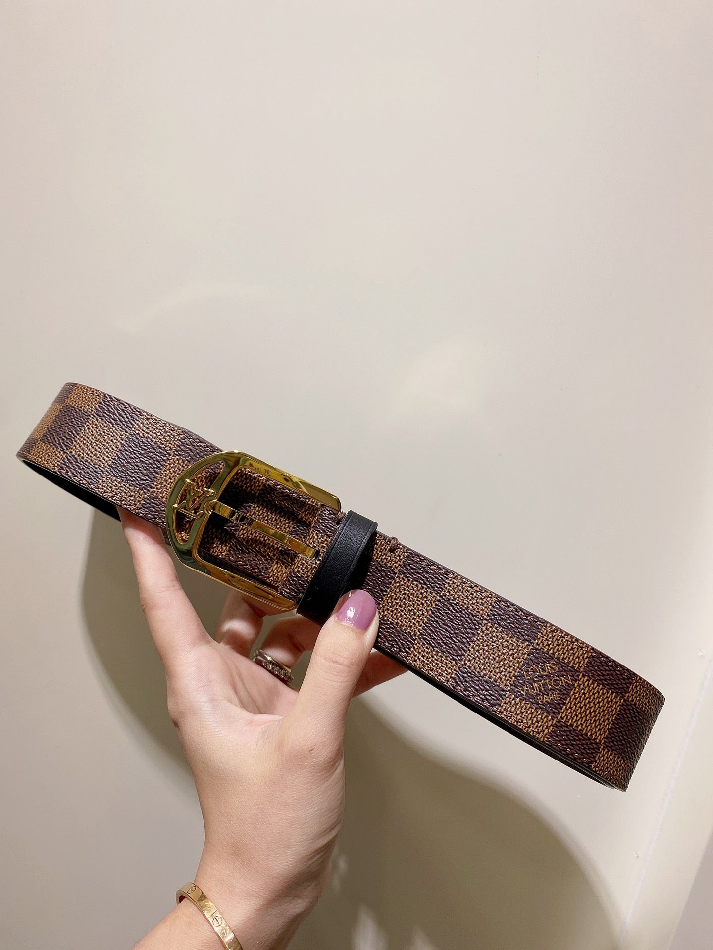 Louis Vuitton Damier Ebene Pattern Belt with Gold-Tone Buckle, Brown Checkered Canvas Waist Belt