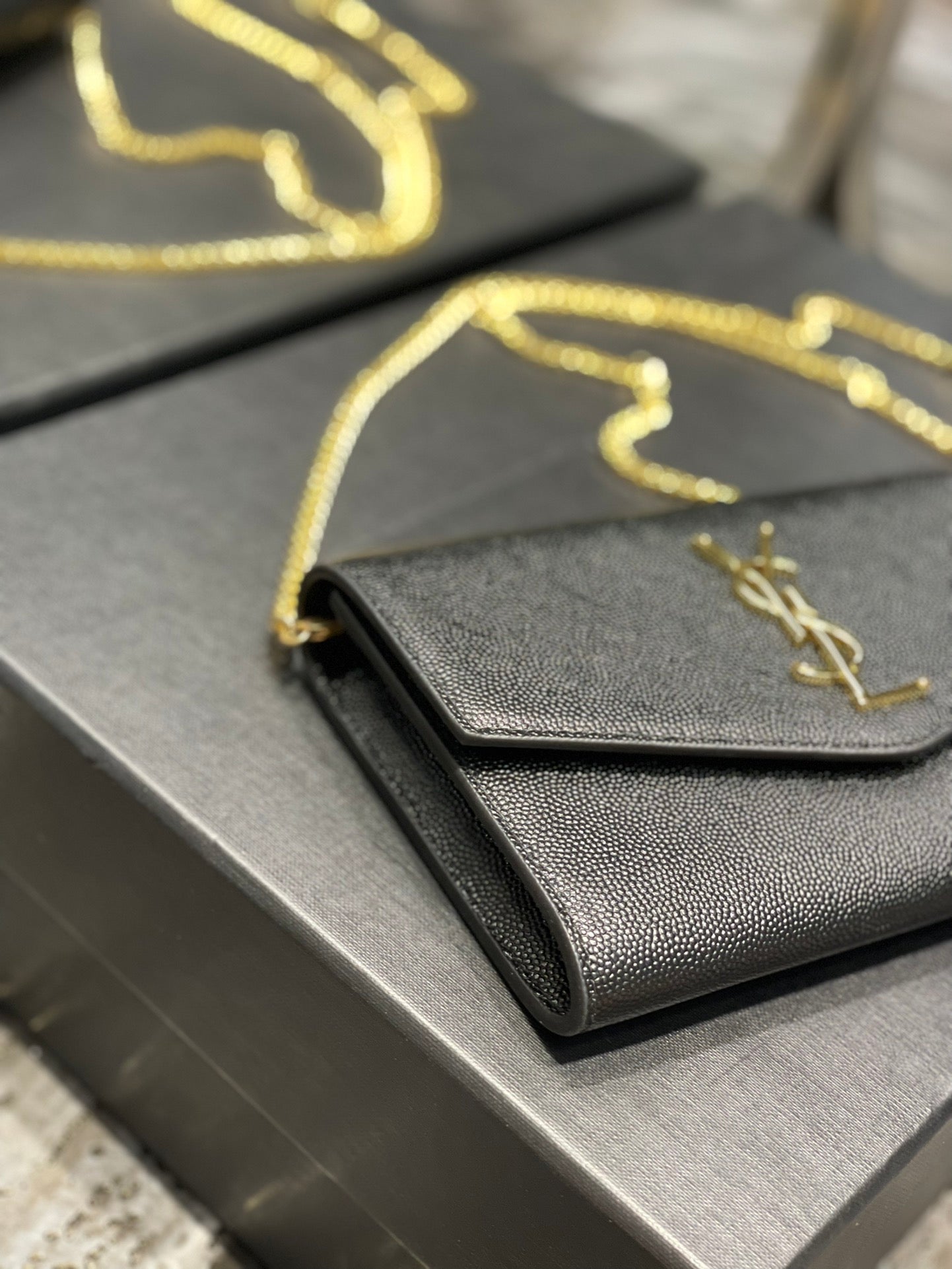 Saint Laurent Uptown Chain Wallet in Grain de Poudre Embossed Leather - Black/Gold