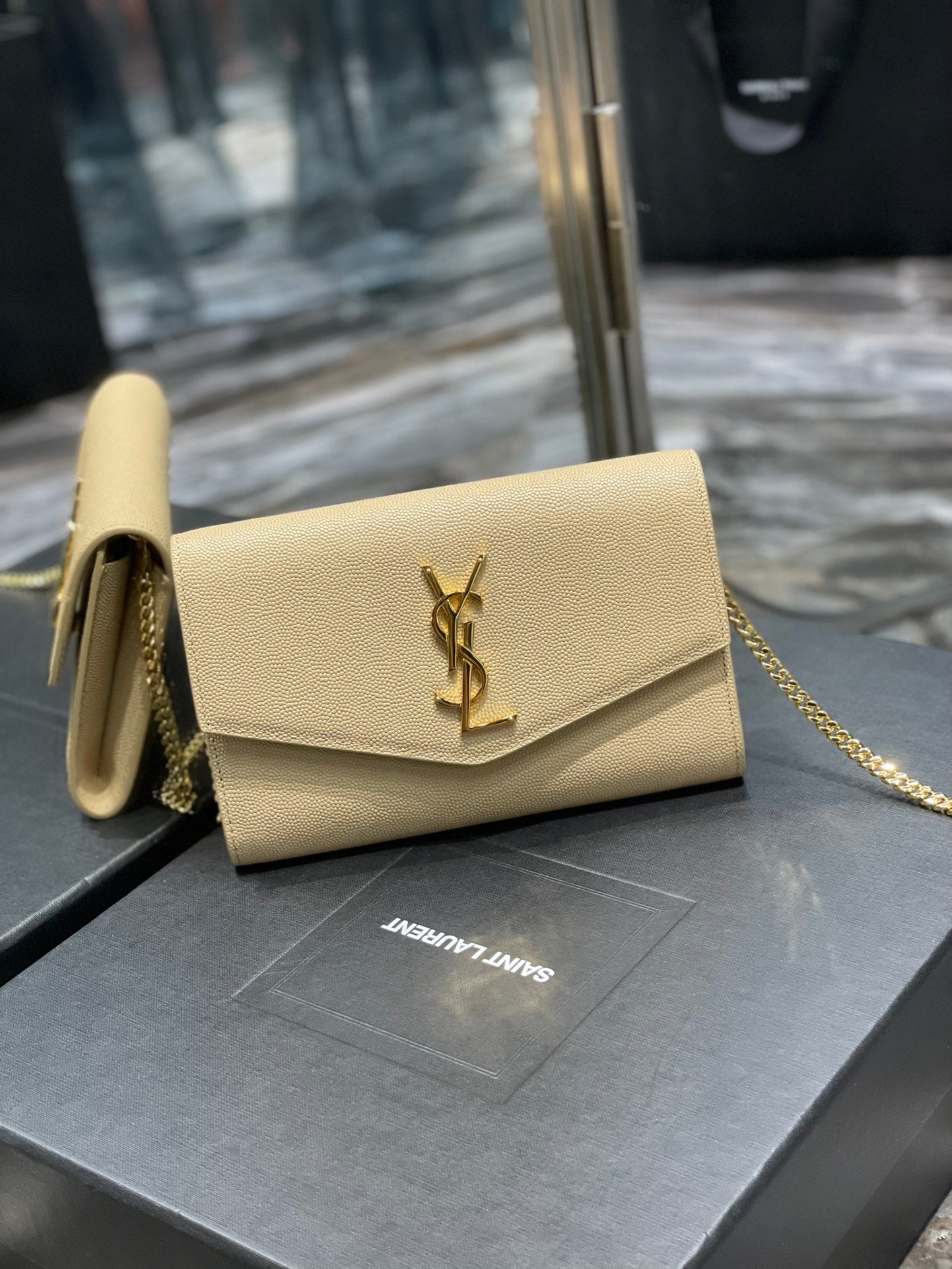 Saint Laurent Monogram Wallet on Chain and Card Holder - Beige Leather