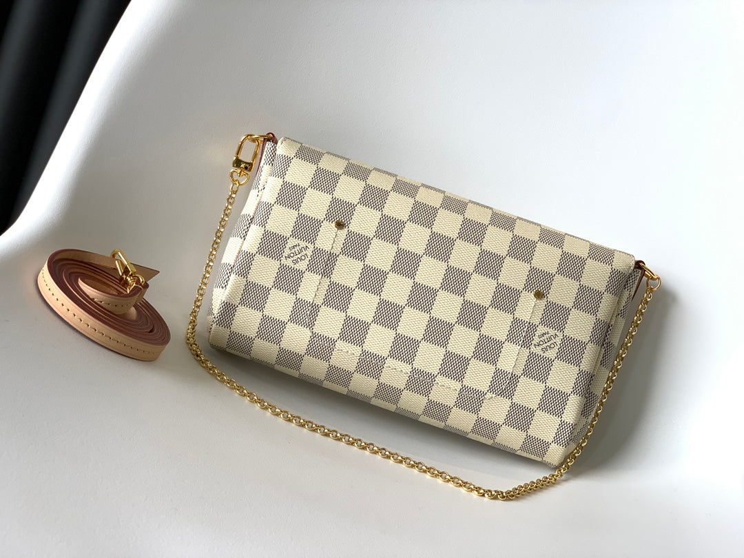 Louis Vuitton Checkered Print Envelope Crossbody Bag with Gold Chain Strap