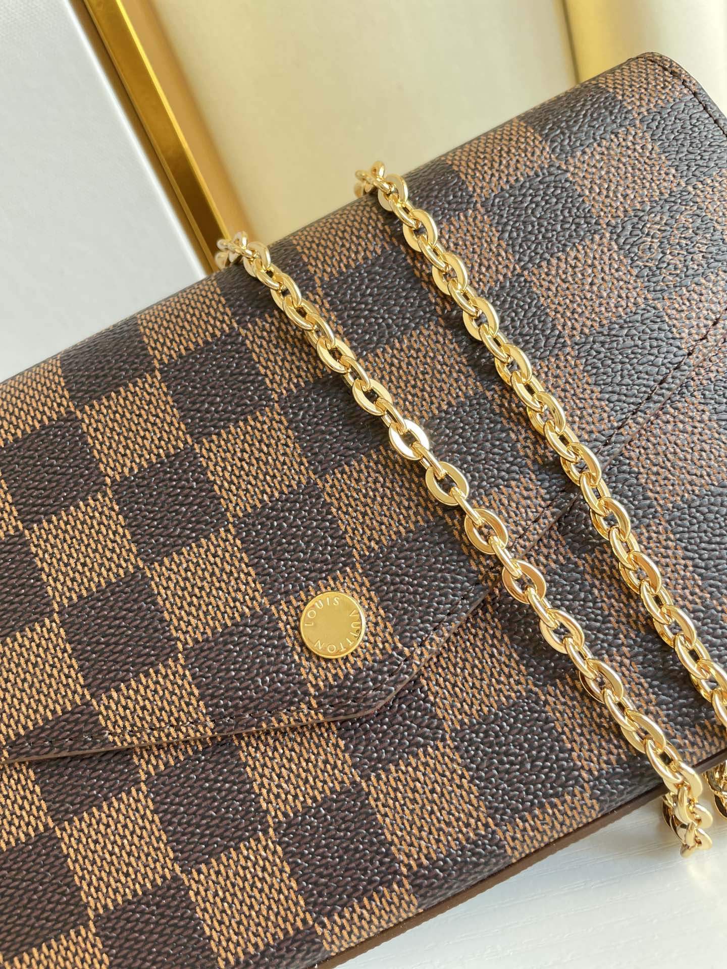 Louis Vuitton Classic Brown Checkerboard Envelope Clutch with Gold Chain Strap