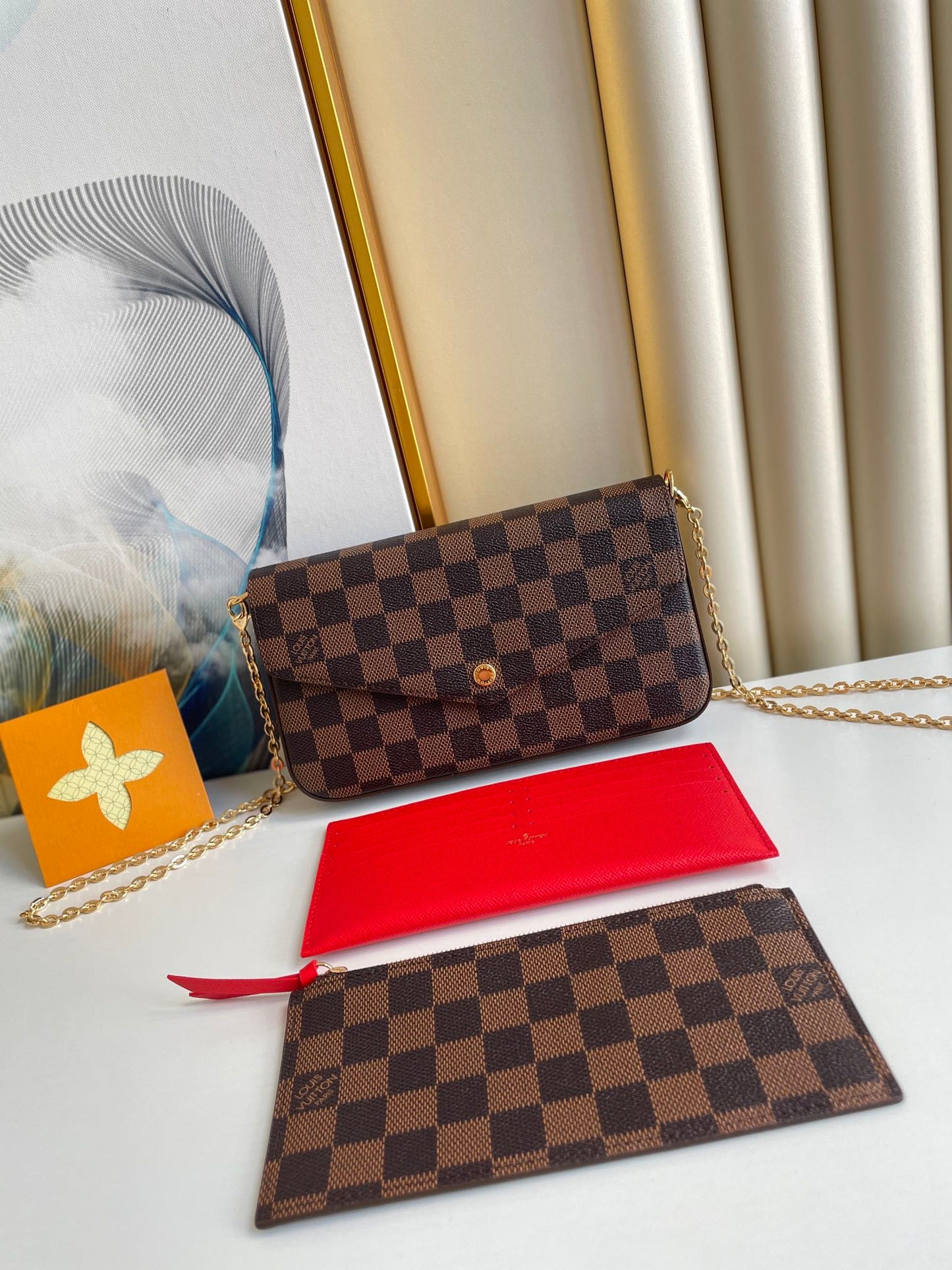 Louis Vuitton Classic Brown Checkerboard Envelope Clutch with Gold Chain Strap