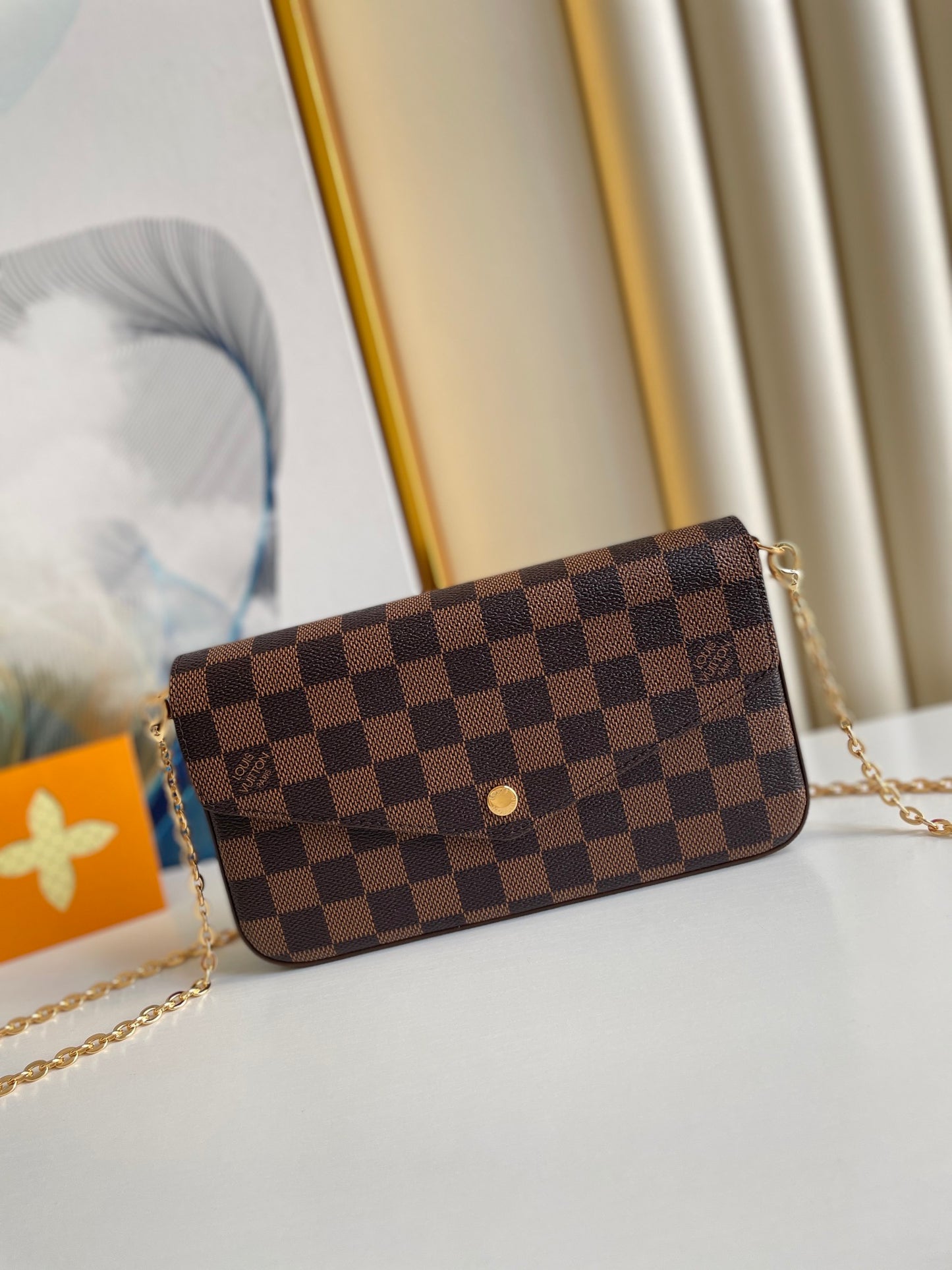 Louis Vuitton Classic Brown Checkerboard Envelope Clutch with Gold Chain Strap