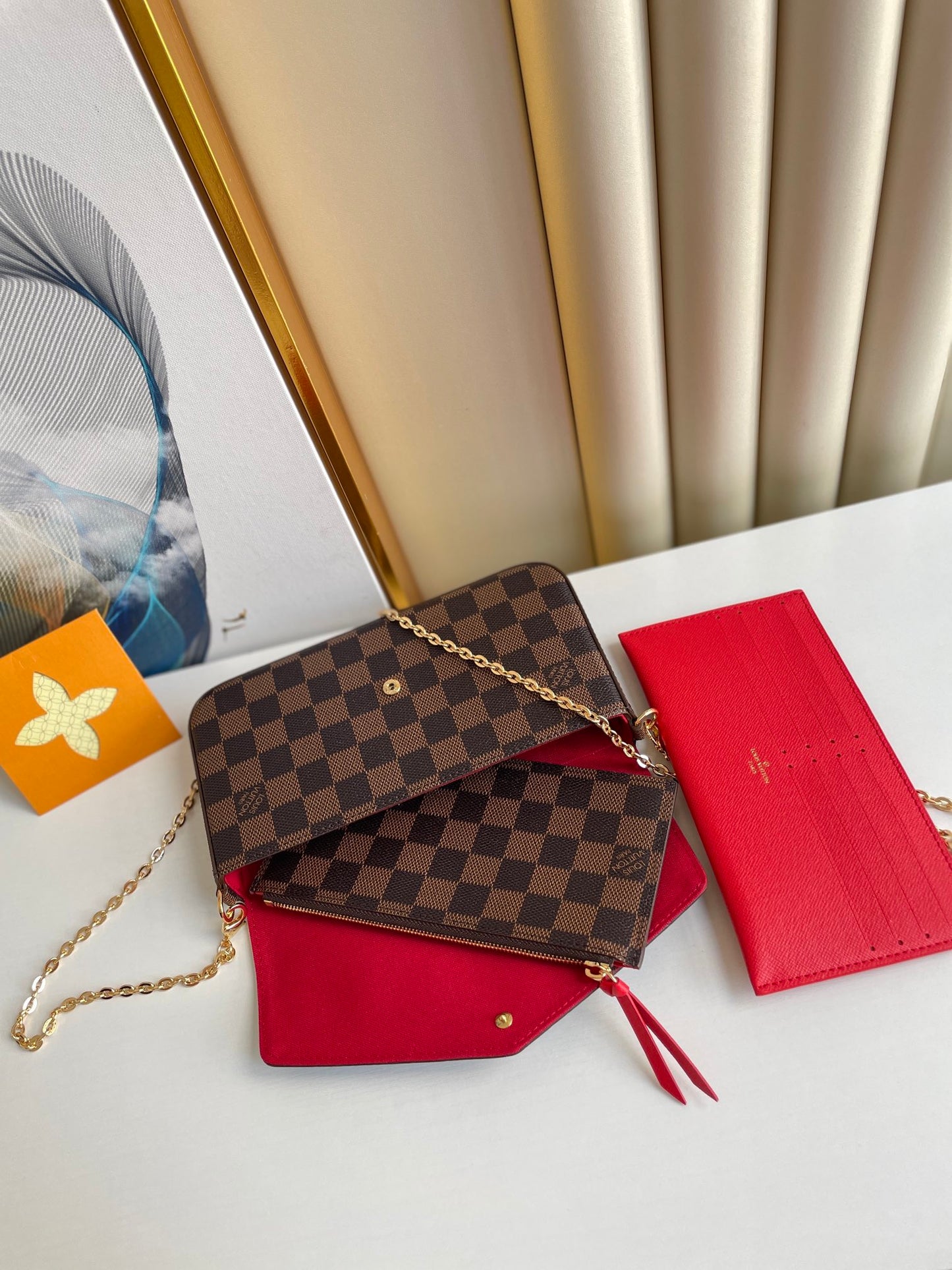 Louis Vuitton Classic Brown Checkerboard Envelope Clutch with Gold Chain Strap