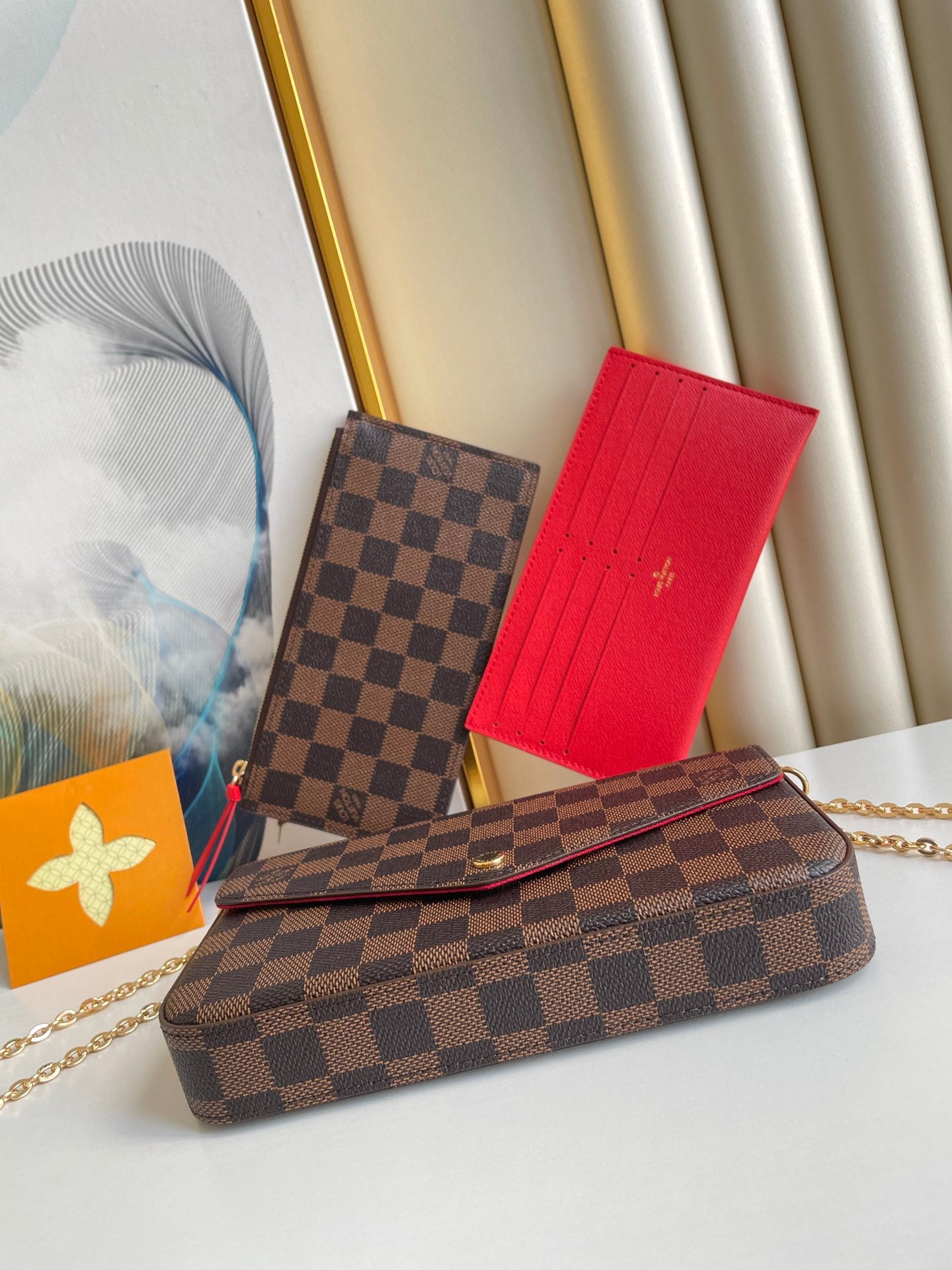 Louis Vuitton Classic Brown Checkerboard Envelope Clutch with Gold Chain Strap