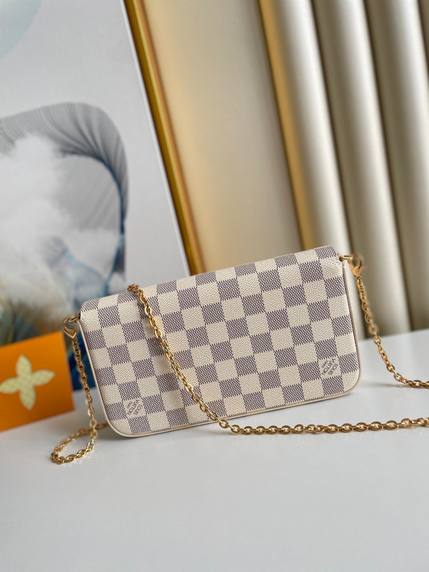 Louis Vuitton Classic Checkerboard Envelope Clutch Bag with Gold Chain Strap