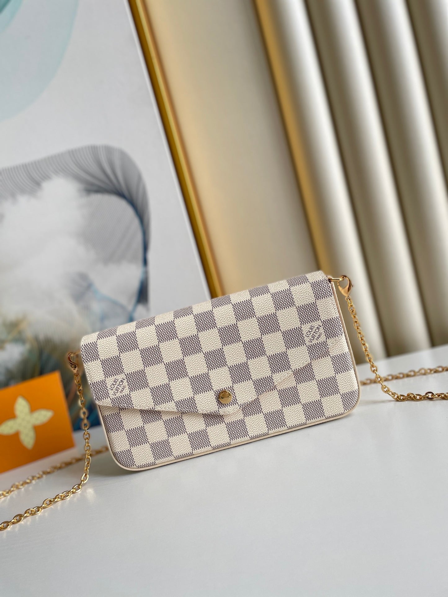 Louis Vuitton Classic Checkerboard Envelope Clutch Bag with Gold Chain Strap