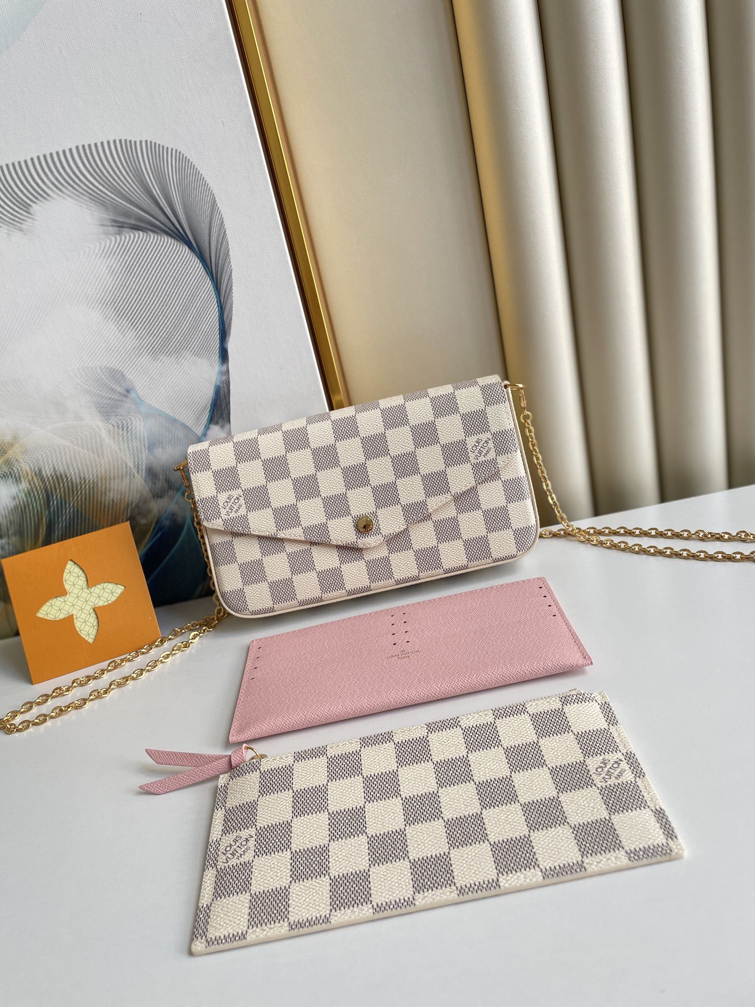 Louis Vuitton Classic Checkerboard Envelope Clutch Bag with Gold Chain Strap