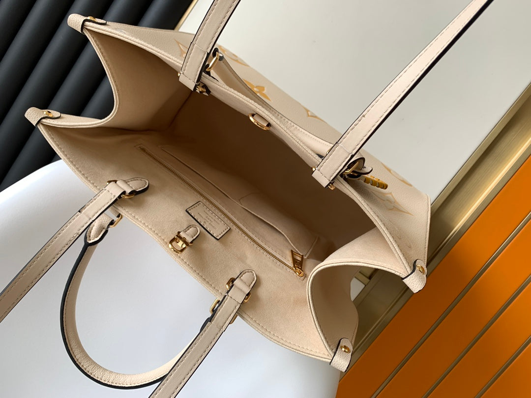 Louis Vuitton Luxury Beige Leather Tote Bag with Gold Monogram Floral Pattern
