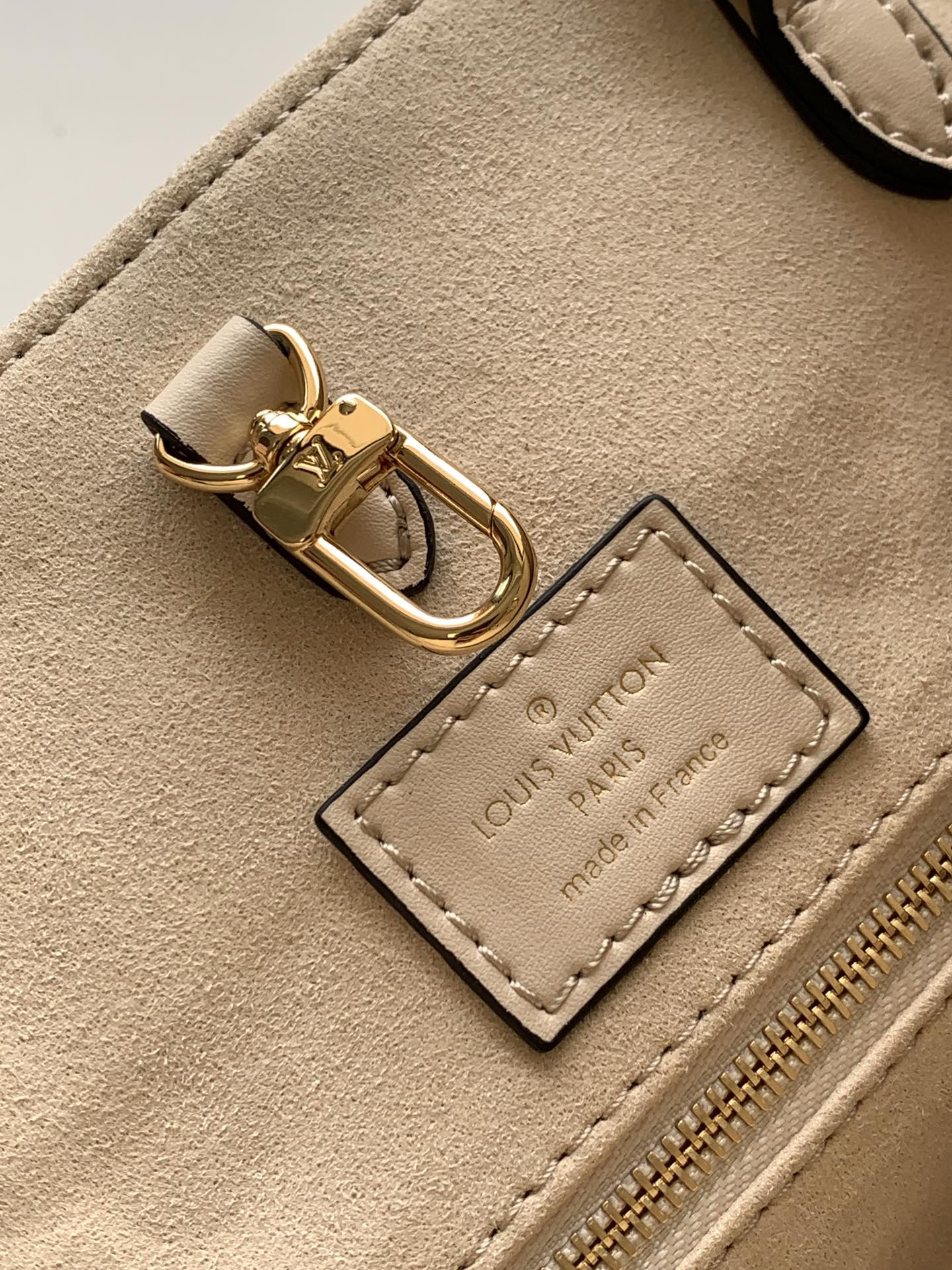 Louis Vuitton Luxury Beige Leather Tote Bag with Gold Monogram Floral Pattern