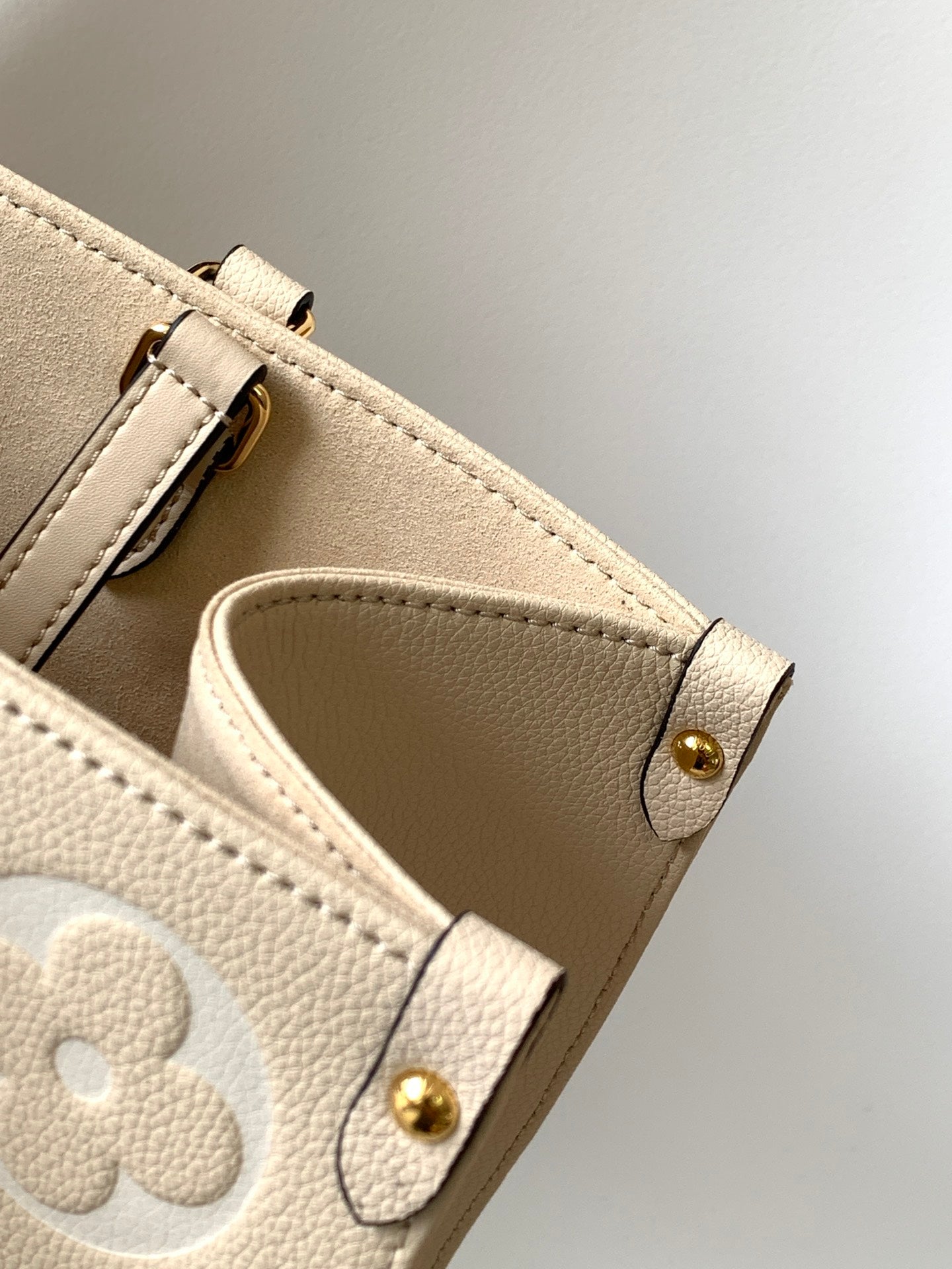 Louis Vuitton Luxury Beige Leather Tote Bag with Gold Monogram Floral Pattern