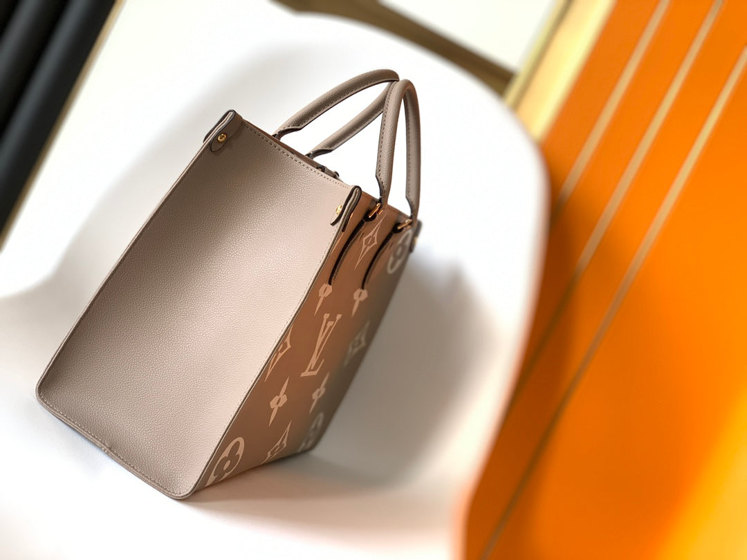 Louis Vuitton Elegant Taupe Leather Tote Bag with Large Embossed Monogram